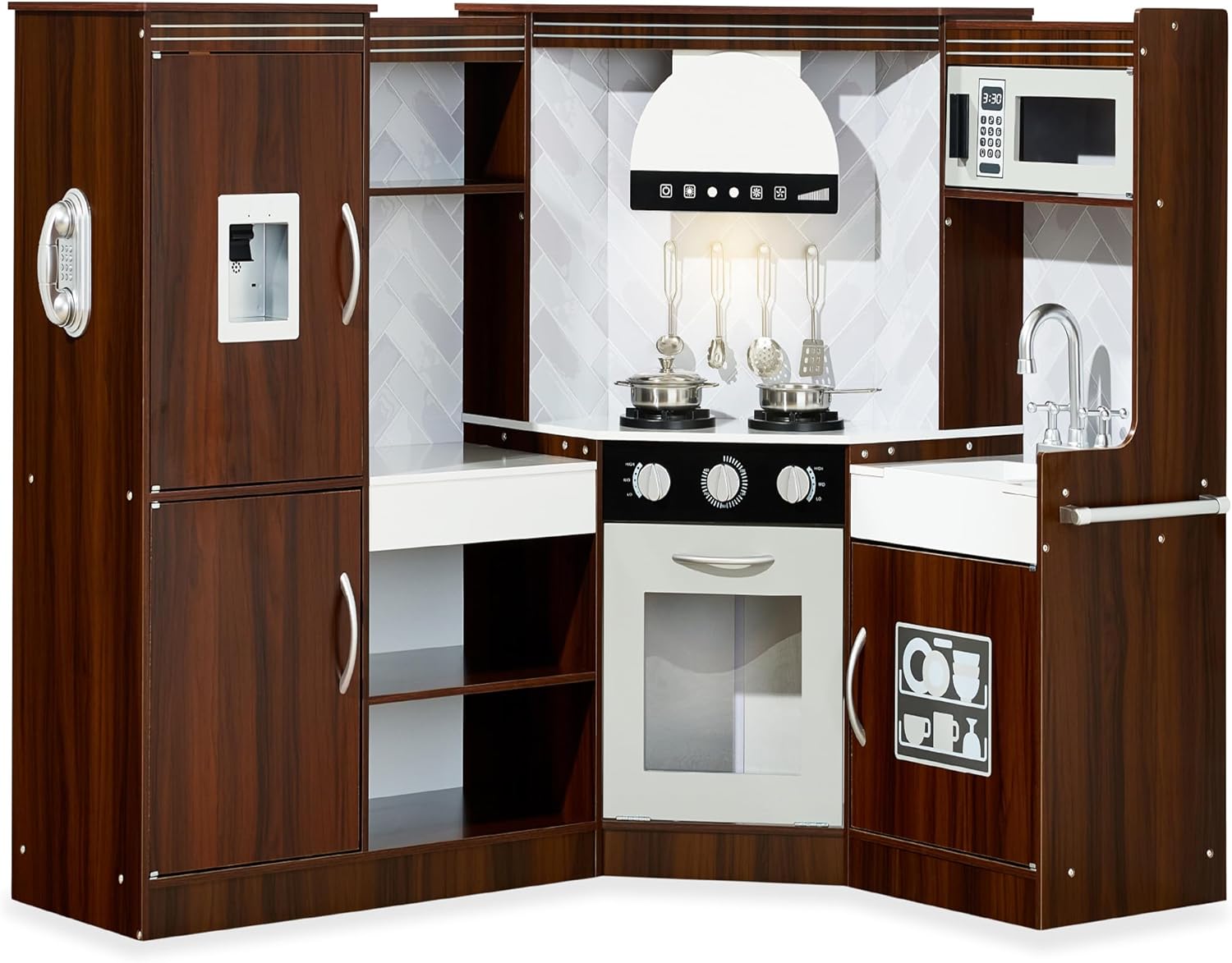 Best Choice Products Pretend Play Corner Kitchen, Ultimate Interactive Wooden Kids Playset w/Lights & Sounds, Ice Maker, Hood – Espresso