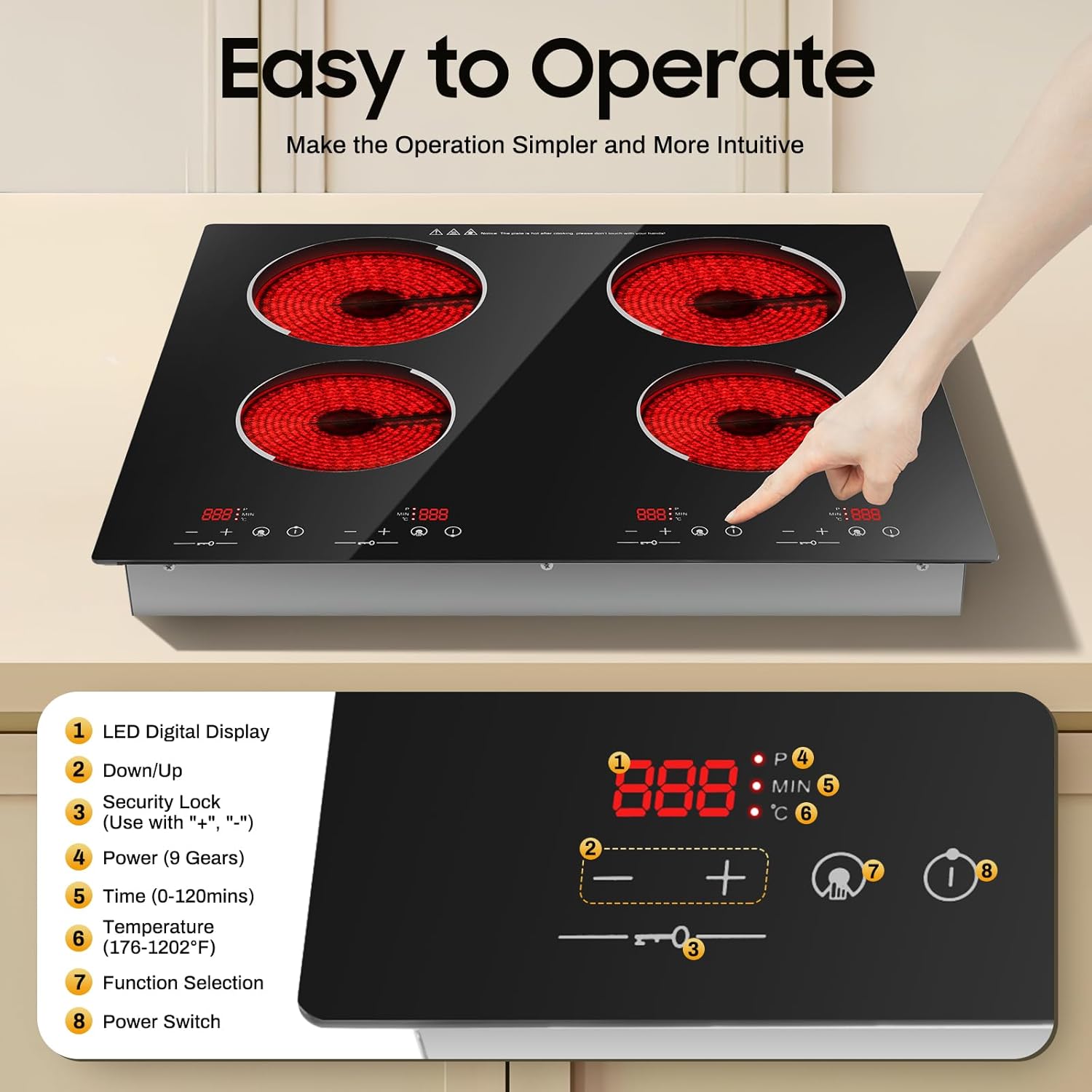 4 Burners Electric Stove Top, 3000W Portable Cooktop Desktop and Embedded Intelligent Control Cooktop Sensor Touch with Kid Safety Lock and 9 Heating Level for Kitchens Cabins Snack Bars Etc - Image 4