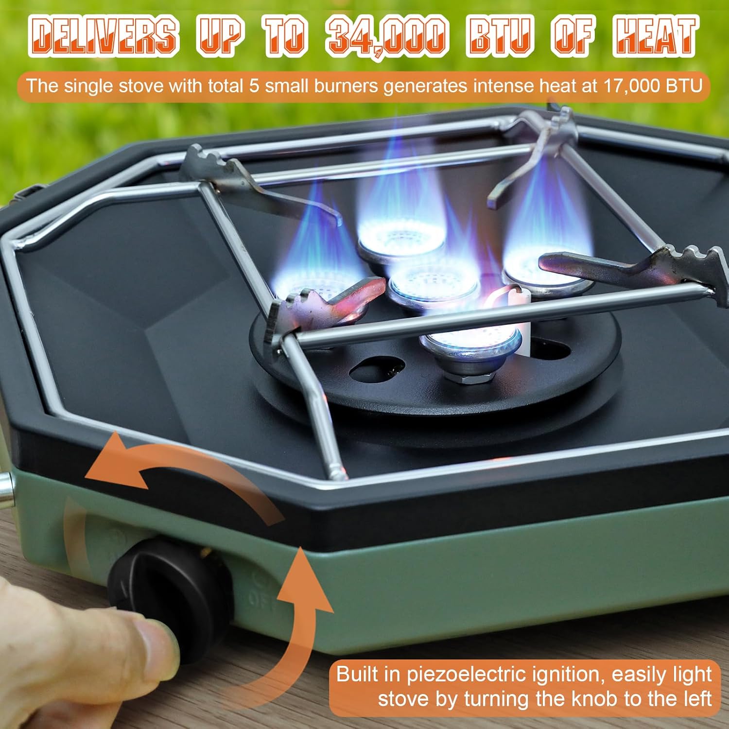 Camping Stove Propane Two Burner, 34000BTU Foldable Camp Stove Gas Propane Burners for Outdoor Cooking, Portable Stoves Gas Burners with Windsheild, Carrying Bag, Grates, Regulator - Image 2