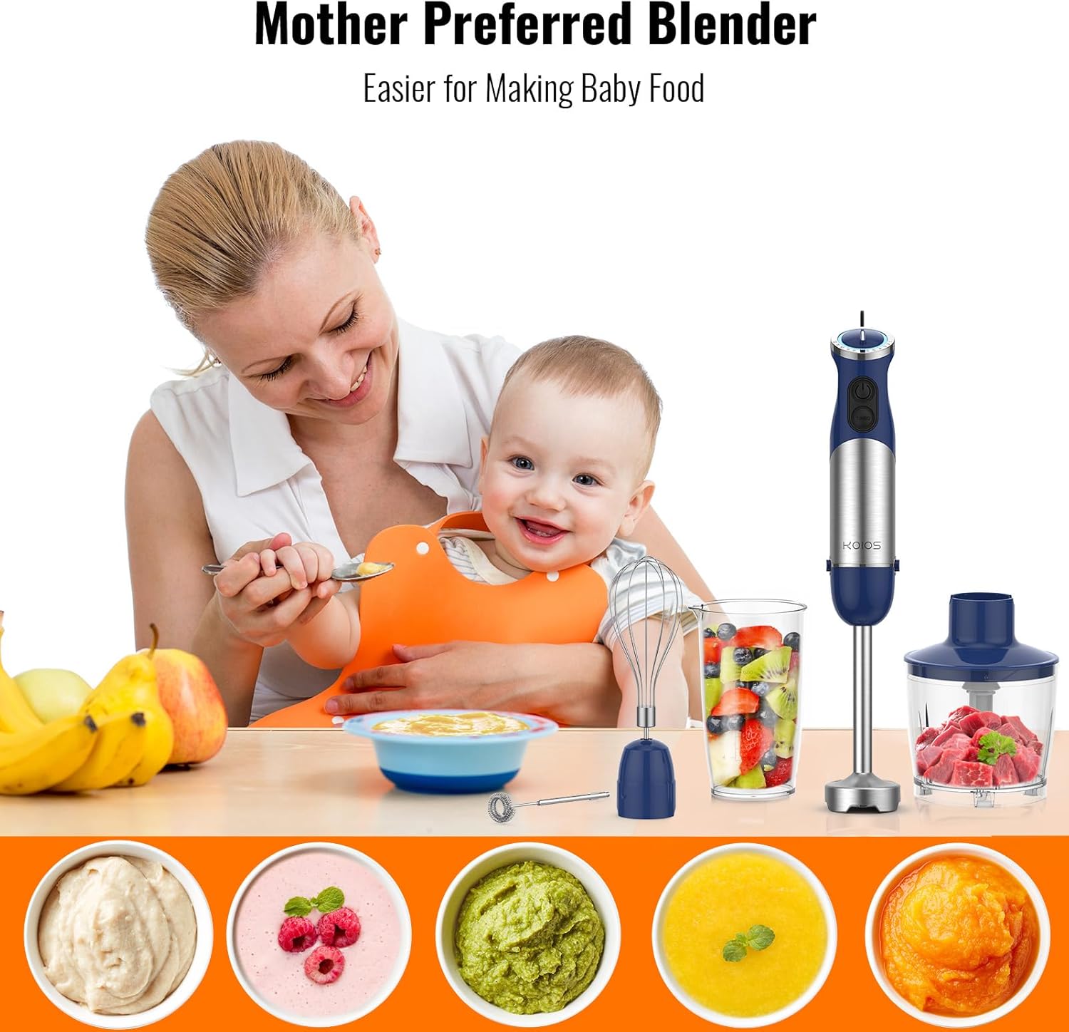 KOIOS 5-in-1 Hand Immersion Blender, 12 Speed Adjustable Emulsifier Handheld Blender, 1000W Copper Motor Stainless Steel Blade Hand Mixer with attachments, Blue - Image 2