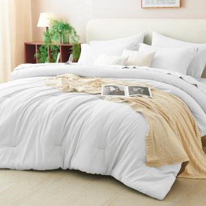 CozyLux Queen Comforter Set White, 7 Pieces Bed in a Bag Soft Bedding Comforter Set with Sheets, All Season Boho 7PC Bed Sets with Comforter, Fitted Sheets, Flat Sheets, Pillow Shams and Pillowcases
