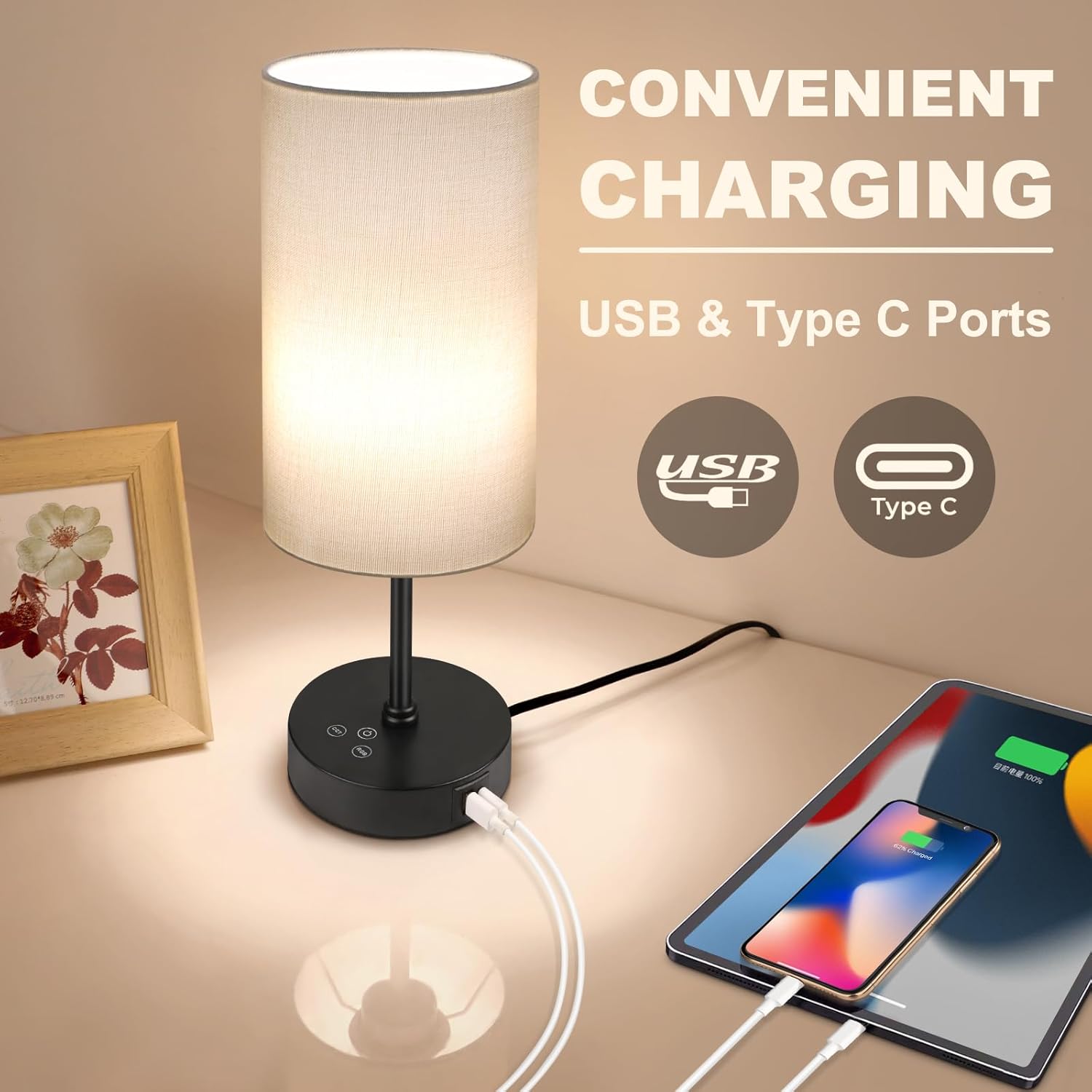 Unicozin Small Table Lamp, 3 CCT 3000K/4500K/6500K & RGB Color Changing, Stepless Dimmable Bedside Lamp for Reading, Touch Control Ambience Nightstand Light for Home Decor Party, Cream Shade - Image 5