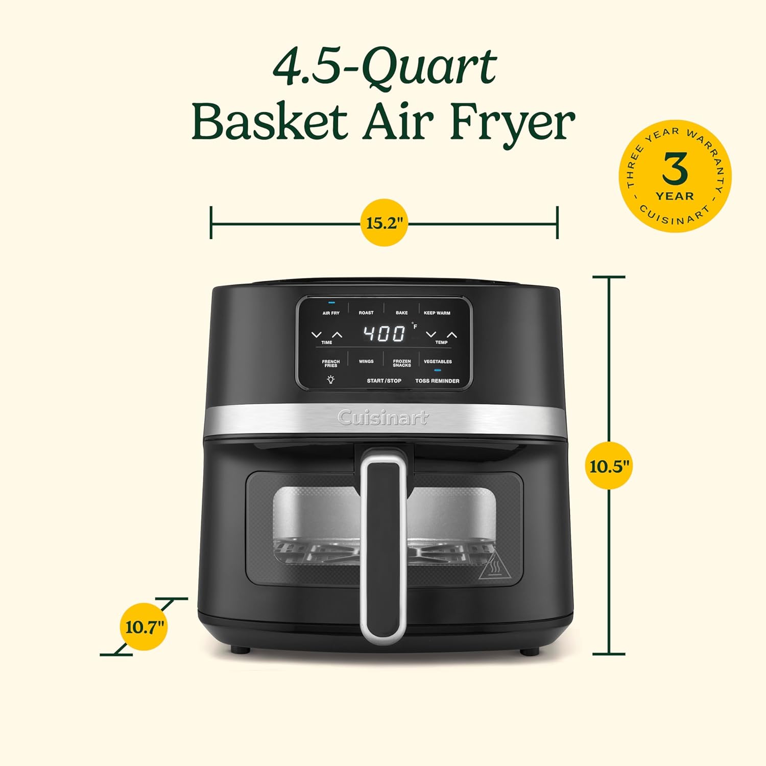 Cuisinart Air Fryer, 4.5-Quart Basket Fryer with 4 Cooking Functions to Air Fry, Roast, Bake, and Keep Warm, 4 Airfryer Presets, Dishwasher-Safe Parts, AIR-160NAS, Stainless Steel & Black - Image 6