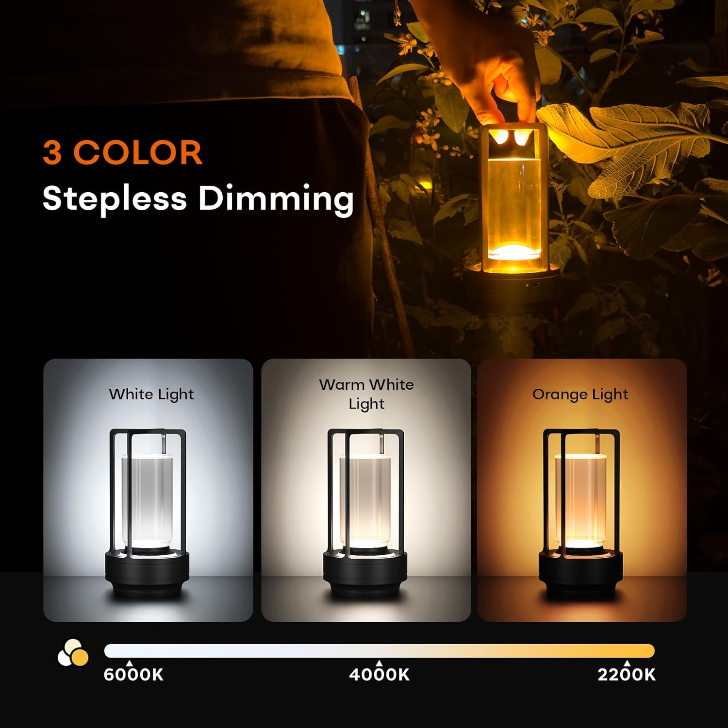 Portable Metal Table Lamp for Indoor/Outdoor ,Rechargeable Cordless LED Lamp, 3-Colour Infinitely Dimming Battery Powered Small Desk Lamp, Restaurant/Bedroom/Bar/Coffee/Camping Light (Black Set of 2) - Image 3