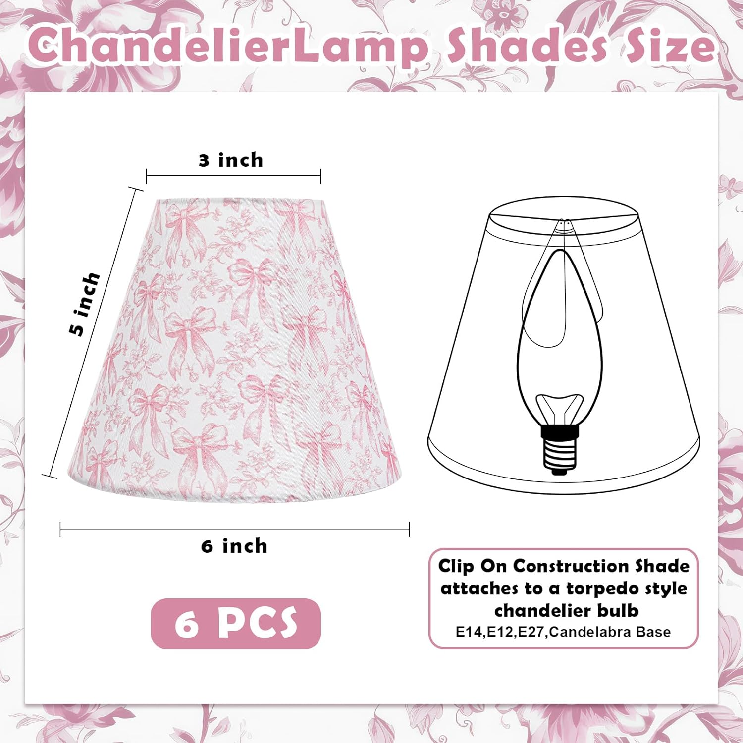 VIHOSE 6 Pcs Small Lampshade 3" Top x 6" Bottom x 5" High Vintage Pink Toile Coquette Chandelier Pink Bow Chinoiserie Lamp Shade Clip Bulbs Chimney Cover for Table Floor Lamps - Image 2