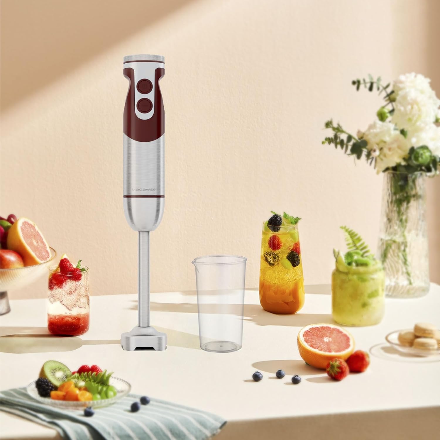 MegaWise 5-in-1 Immersion Hand Blender Set with Variable Speed, 400W, Stainless Steel - Includes Chopper, Whisk, Milk Frother, and Beaker - Ideal for Soups, Smoothies, Baby Food & More (RED) - Image 6