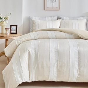 WARMDERN Khaki Striped Weave Duvet Cover Queen Size, White Knit Boho Duvet Cover Set, Microfiber Textured Bedding Set with Zipper Closure and Corner Ties (Khaki, Queen)