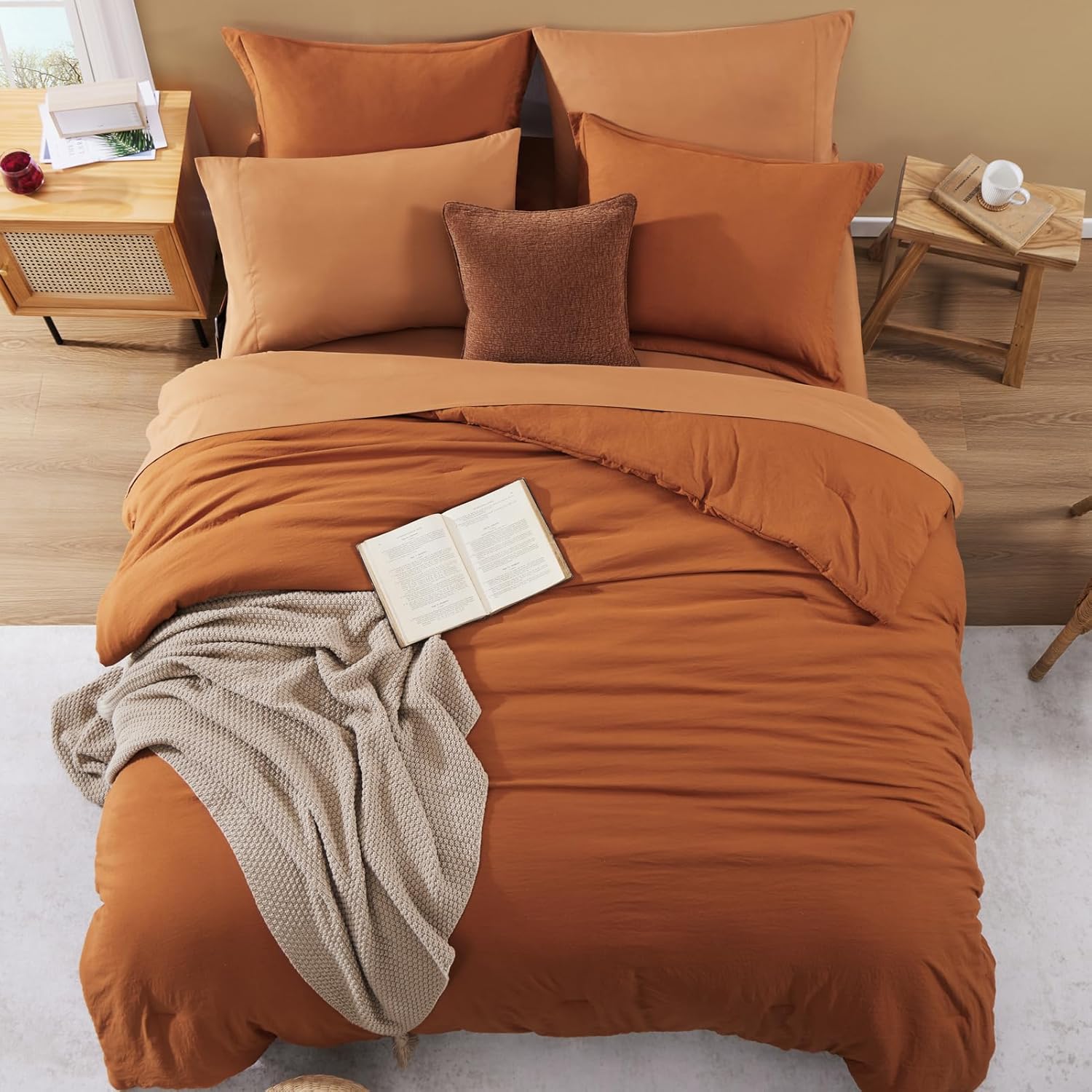 WRENSONGE Queen Comforter Set- 7 Pieces Soft Burnt Orange Bed in a Bag with Fitted Sheet, Flat Sheet, 2 Shams, and 2 Pillowcases-Warm Bed Sets Fall Comforter for All Seasons - Image 4