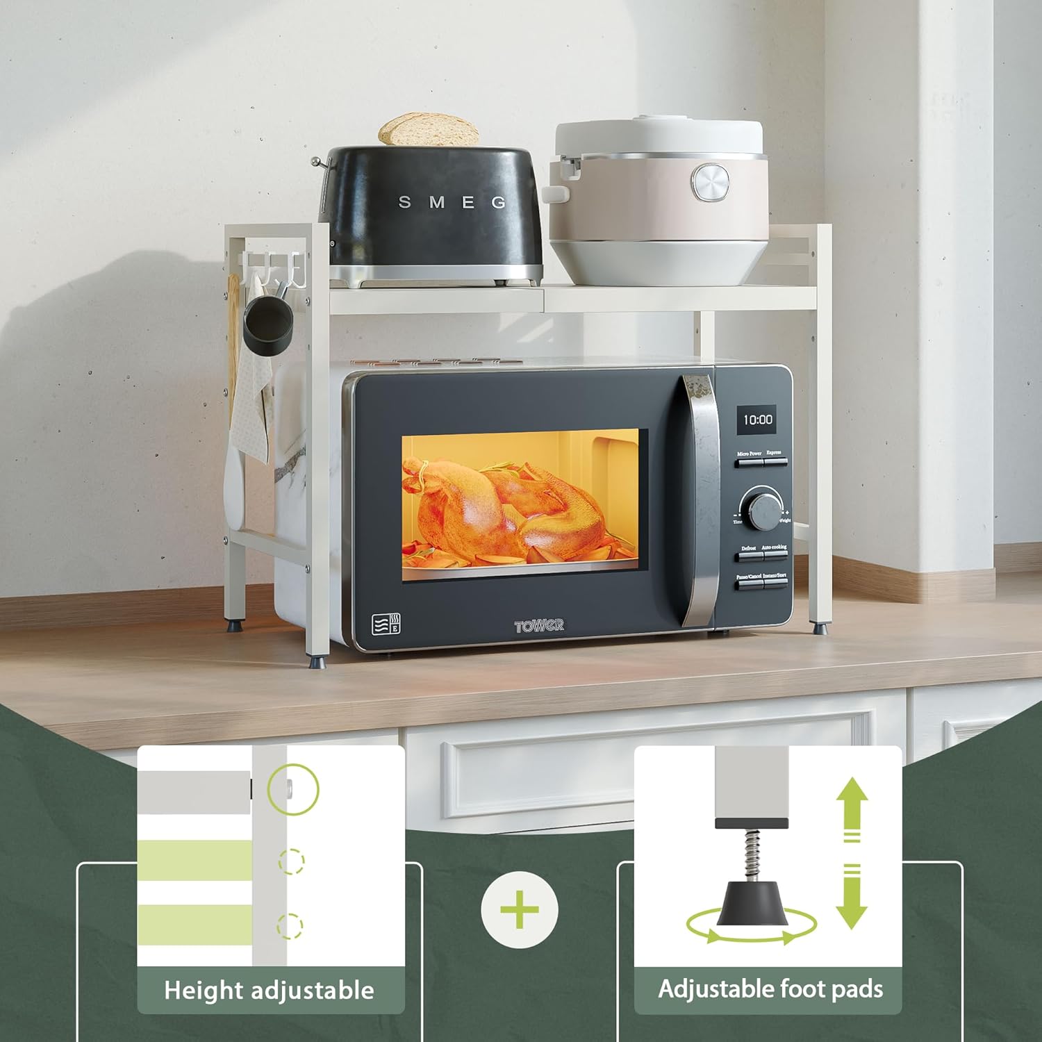 NETEL Expandable Microwave Stand,2 Tier Metal Kitchen Countertop Organizer Shelves with 8 Hooks,Bakers Rack,Microwave Shelf,Microwave Oven Rack,55lbs Weight Capacity - Image 4