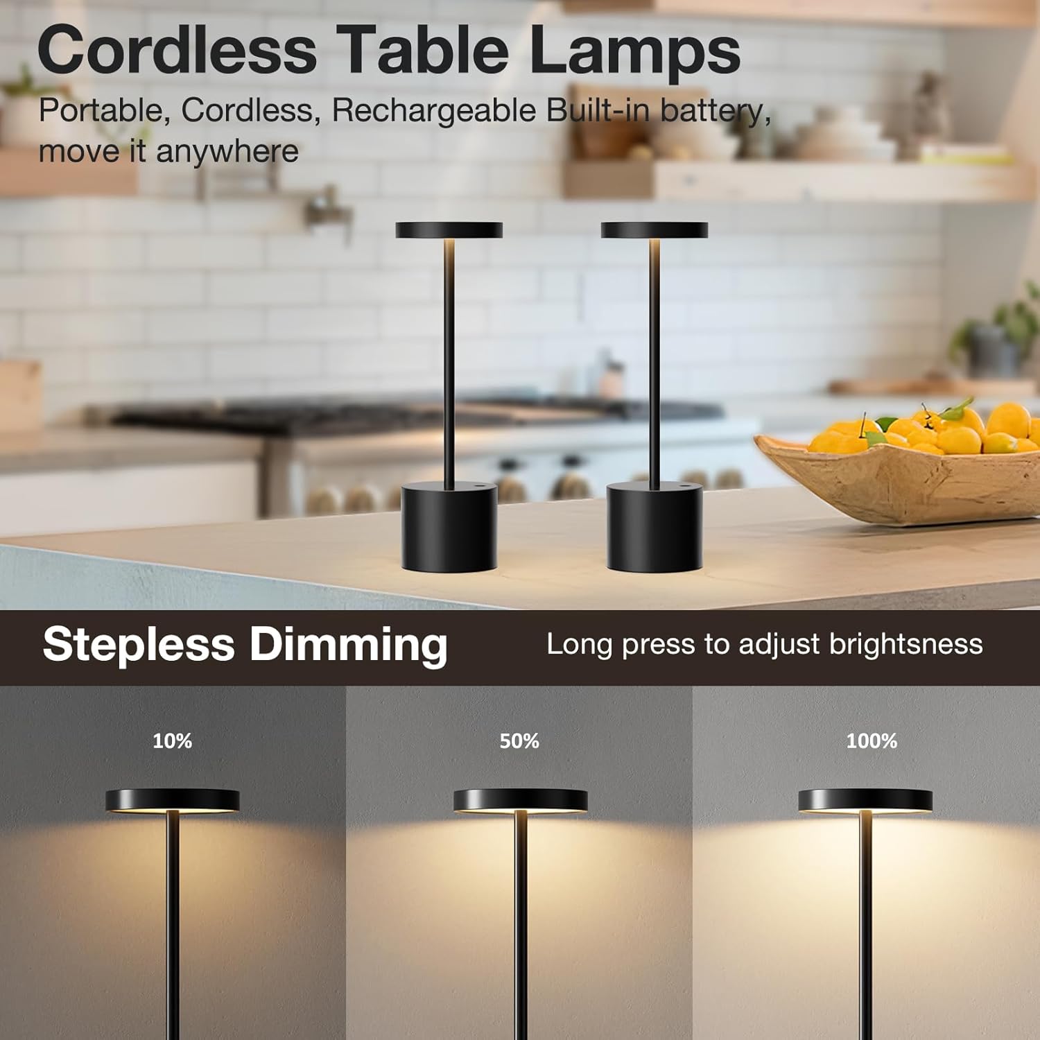 Black Cordless Table Lamp, 4000mAh Rechargeable Battery Powered Lamps, 3 Color Stepless Dimming, LED Wireless Outdoor Lamps for Dining Room, Bedroom, Bar, Cafe, Restaurant, Patio, Camping, Set of 2 - Image 6