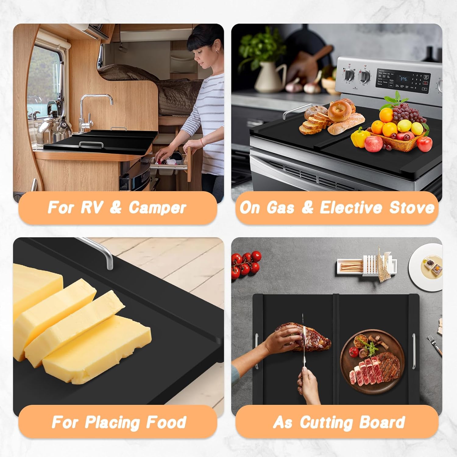 Stove Top Covers with Silicone Mat for Electric Stove,Stove Top Covers for Gas Burners,Folding Noodle Board Stove Cover,RV Stove Top Cover,Over Sink Cutting Board(30×22inch)-(Mat 28×20inch) Set-Black - Image 3