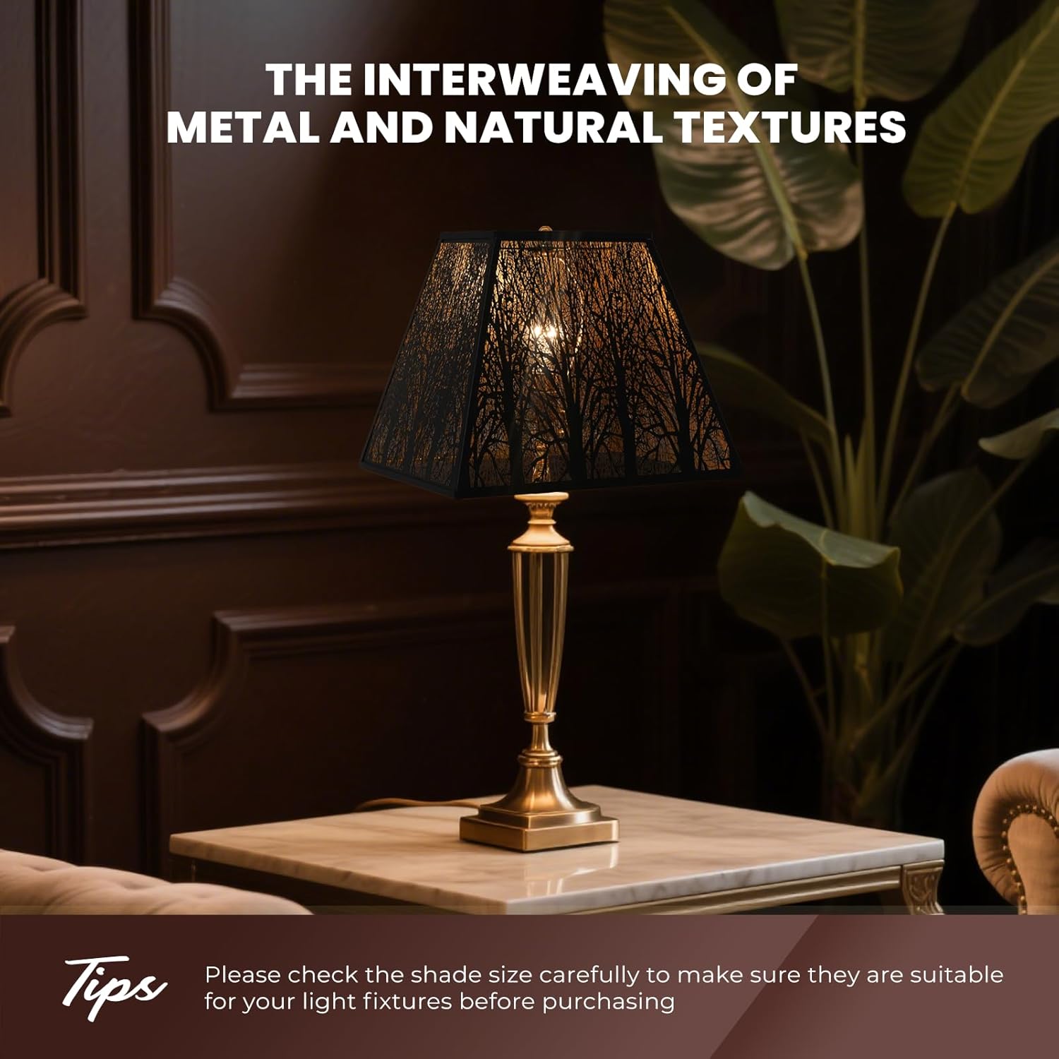 Large Metal Lampshade New Pyramid Shape Design 8'' Top 14'' Bottom 11'' Height ALUCSET Square Bell Shade Lamp Shade Forest Design Black and Gold fits for Table Lamps and Floor Lamps - Image 3