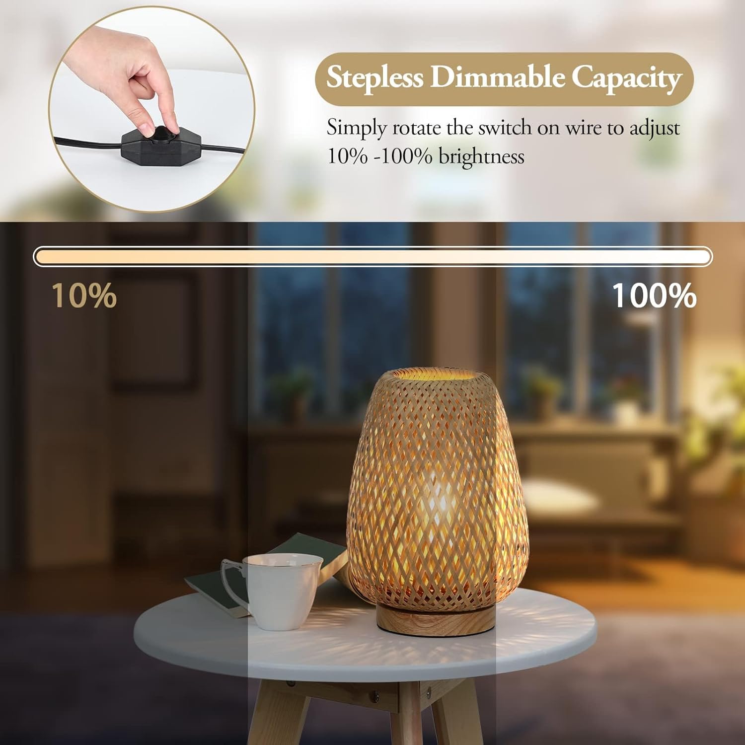 Rattan Table Lamp, Stepless Dimmable Small Beside Lamp, Vintage Wicker Wooden Nightstand Boho Bamboo Woven End Table Lamps for Bedroom Living Room Desk Kids Room, 2700K T45 LED Bulb Included - Image 2