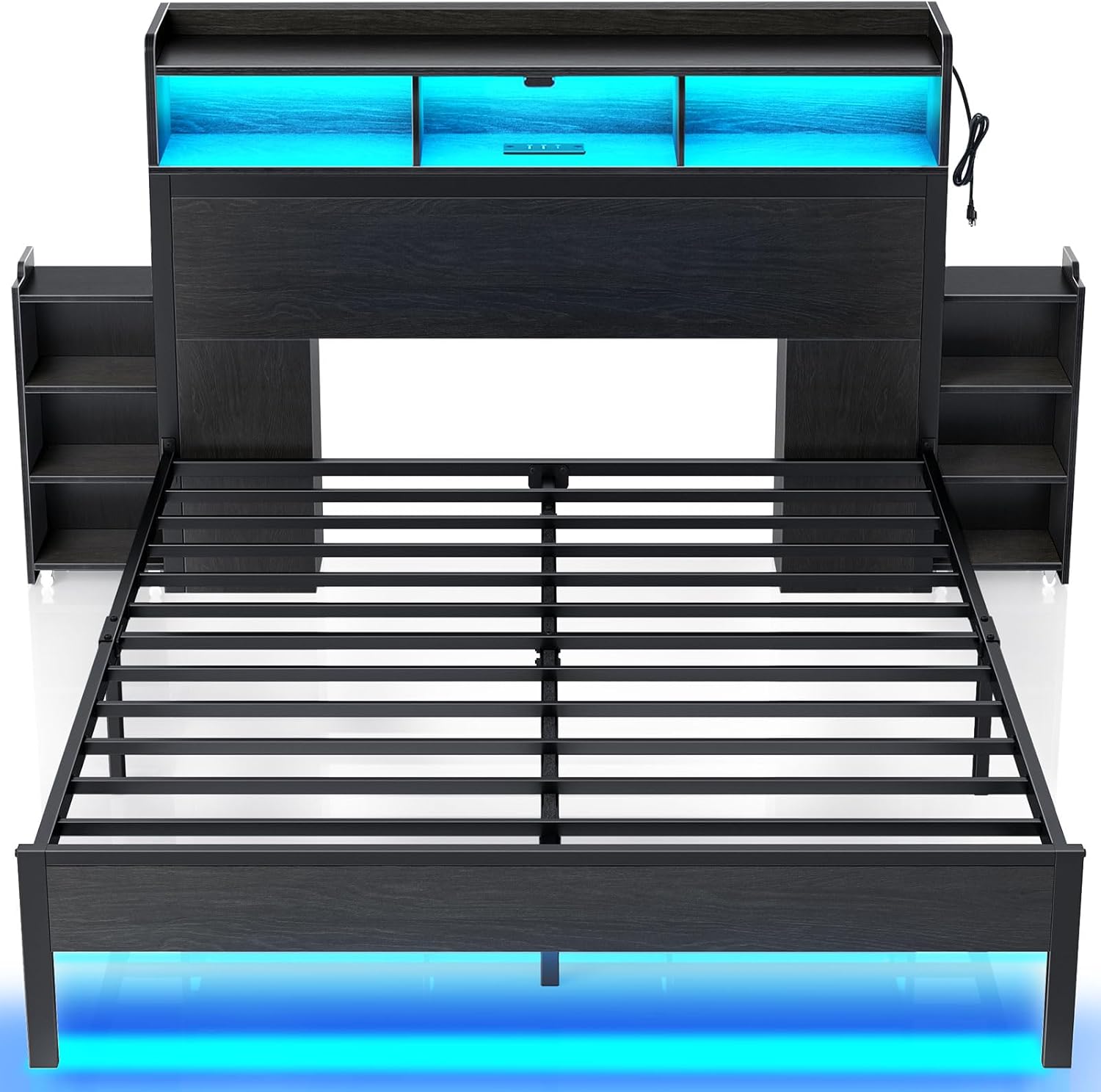 Rolanstar Bed Frame Full Size with Bookcase Storage Headboard, Slide Out Bedside Storage, Bed with Charging Station & LED Lights, Heavy Duty Metal Slats, No Box Spring Needed, Noise Free, Black