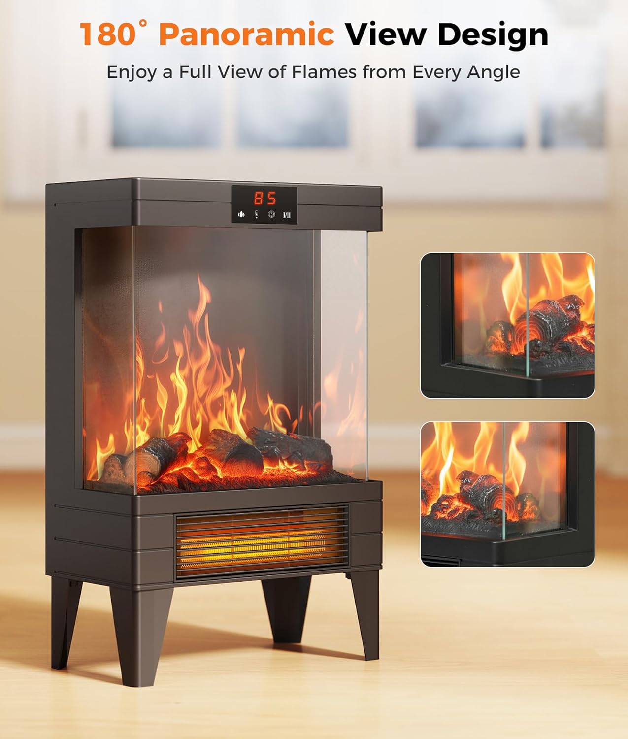 Electric Fireplace Stove Heater - Freestanding Fireplace Heater for Indoor Use with Realistic 3D Flame, Adjustable Thermostat & Remote, Quiet, Timer for Living Room and Bedroom - Image 3