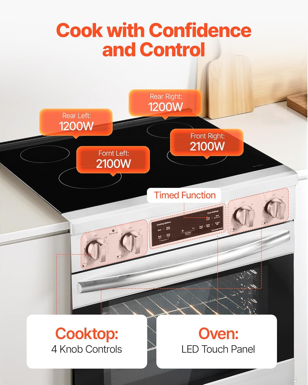 VEVOR 30in Electric Range Oven, 4.8Cu. Ft. Capacity Compact Freestanding Oven, Stainless Steel Kitchen Stove, with 4 Cooktop Burners, Easy Reach Racks, Storage Drawer, Indicator Light(No Power Cord) - Image 3