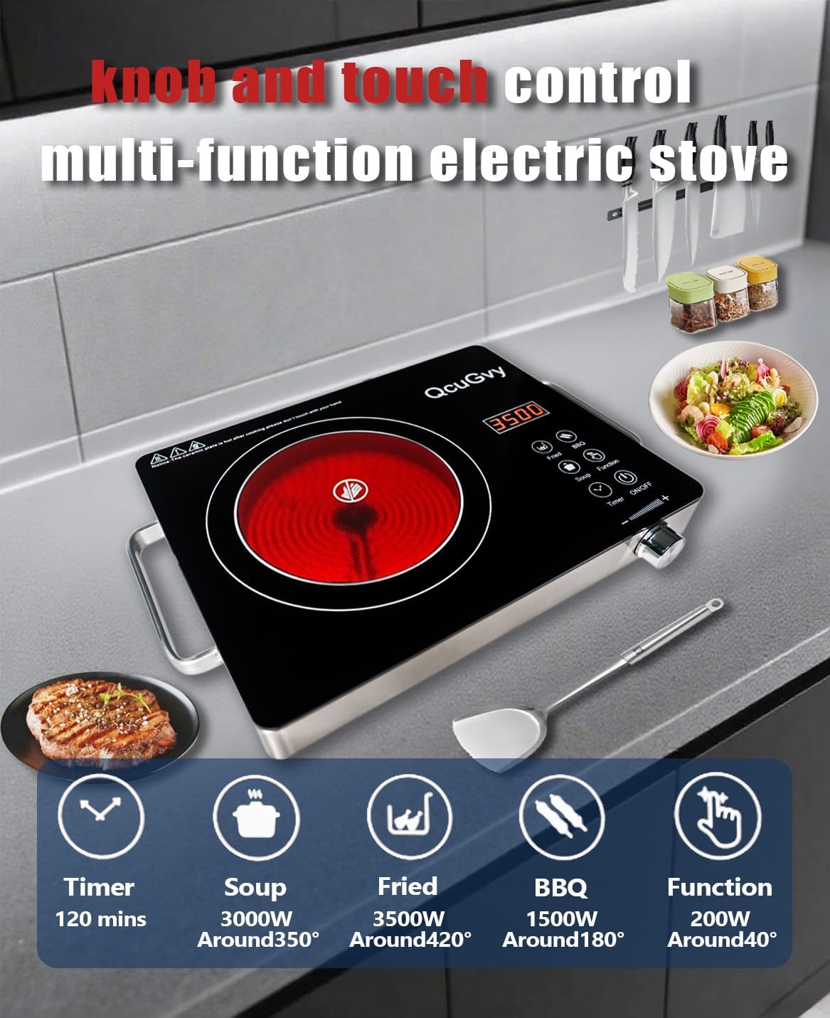 Portable Infrared Burner 3500 Electri Burner with 3 Hours Timer-Electric Hot Plate Touch Control Panel Adjustable Heating Power Glass Plate Electric Cooktop for Cooking (Black) - Image 4