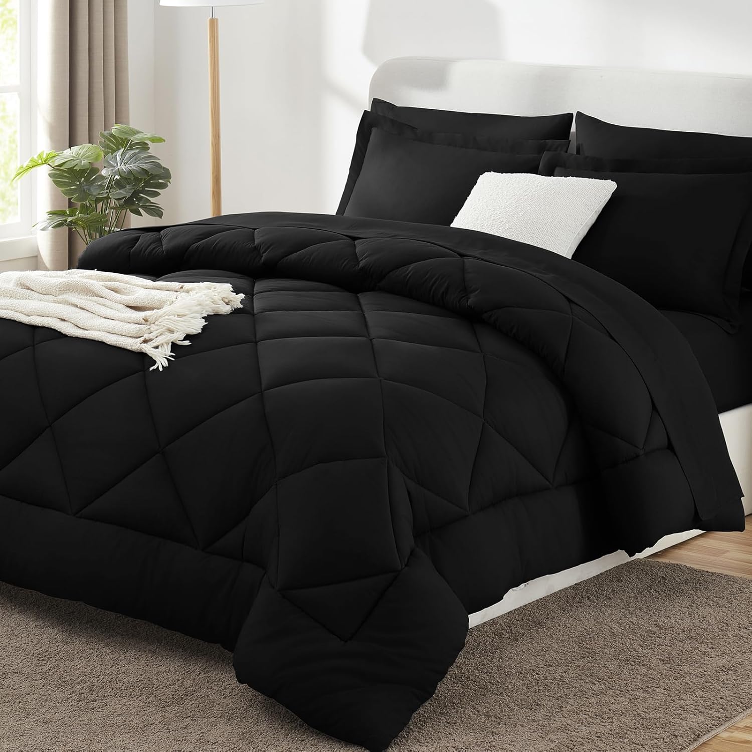 CozyLux Queen Comforter Set Black – Bed in a Bag Queen Size 7 Pieces, Luxury Soft Bed Set for All Seasons, Bedding Set with Down Alternative Comforter, Sheets, Pillowcases & Shams