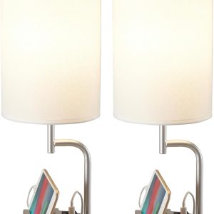 Dreamholder Table Lamp with 3 USB Charging Ports, Modern Desk Lamp with AC Outlet and Phone Stands, Perfect Bedside Lamp for Bedroom, Living Room, Office (Pack of 2), Silver