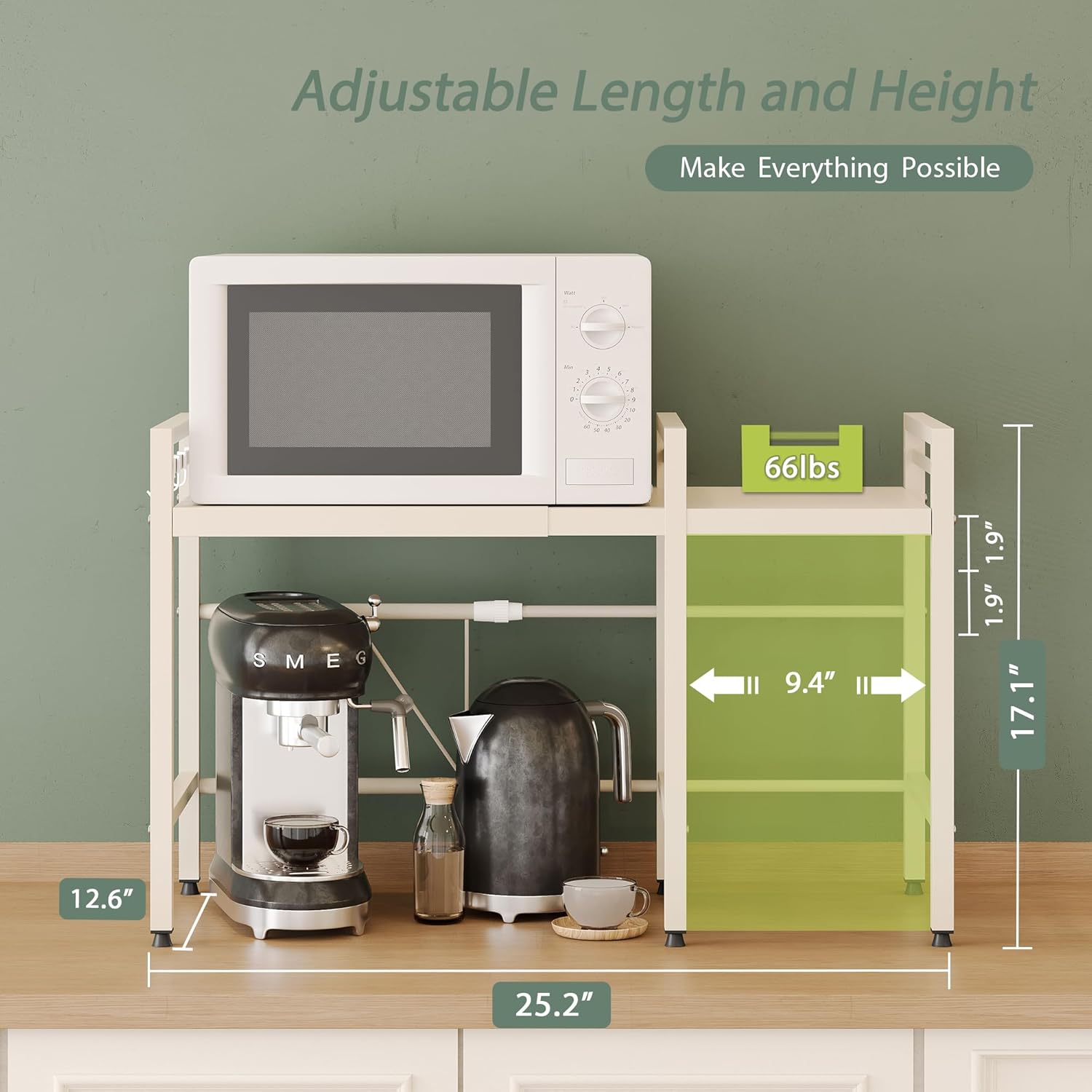 NETEL Expandable Microwave Stand,2 Tier Metal Kitchen Countertop Organizer Shelves with 8 Hooks,Bakers Rack,Microwave Shelf,Microwave Oven Rack,55lbs Weight Capacity - Image 3