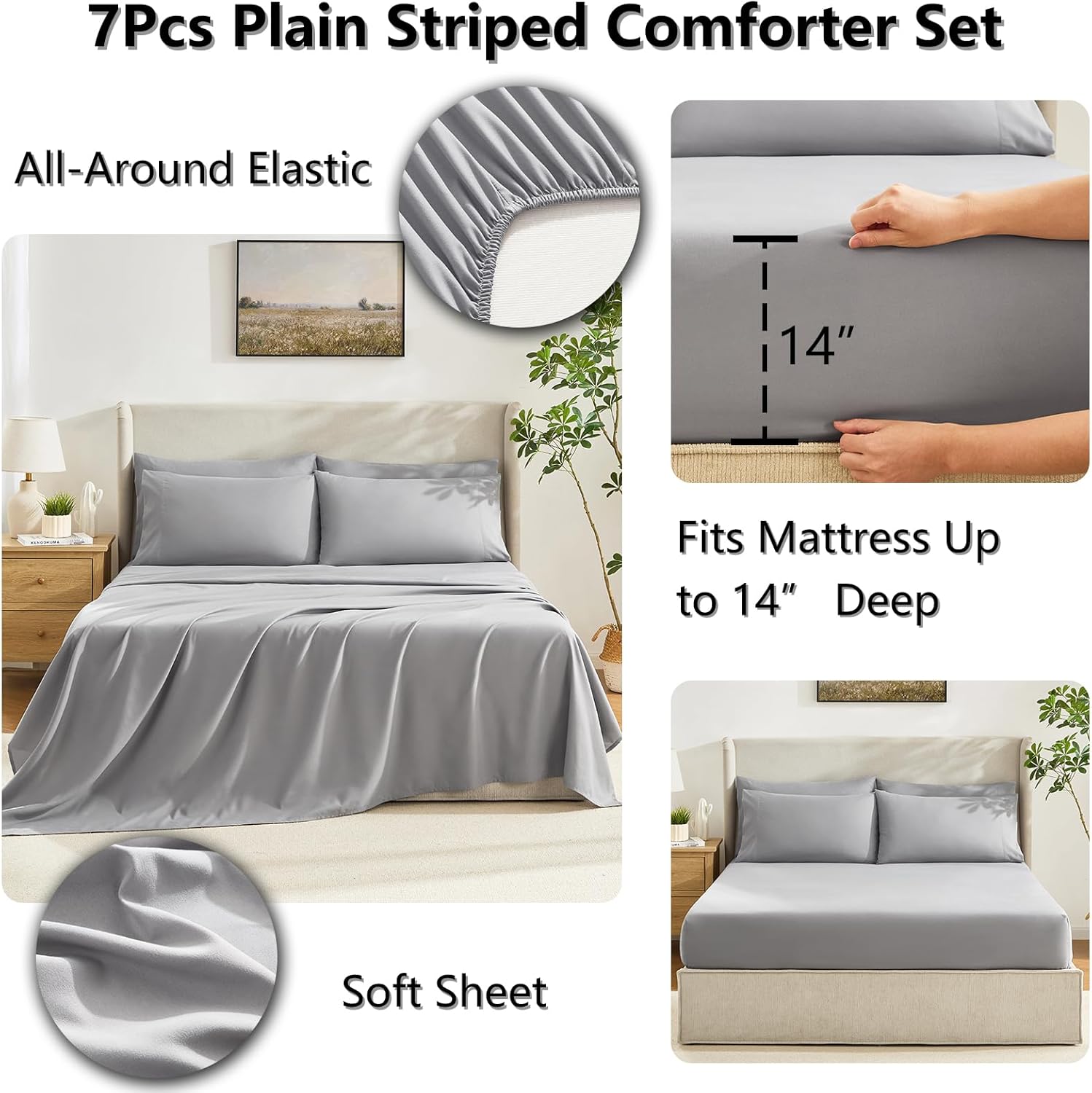 CozyLux Queen Comforter Set Grey, 7 Pieces Bed in a Bag, Gray Comforter Queen Size, All Season Bedding Sets with Stitch Quilted Comforter, Flat Sheet, Fitted Sheet, Pillowcases - Image 5