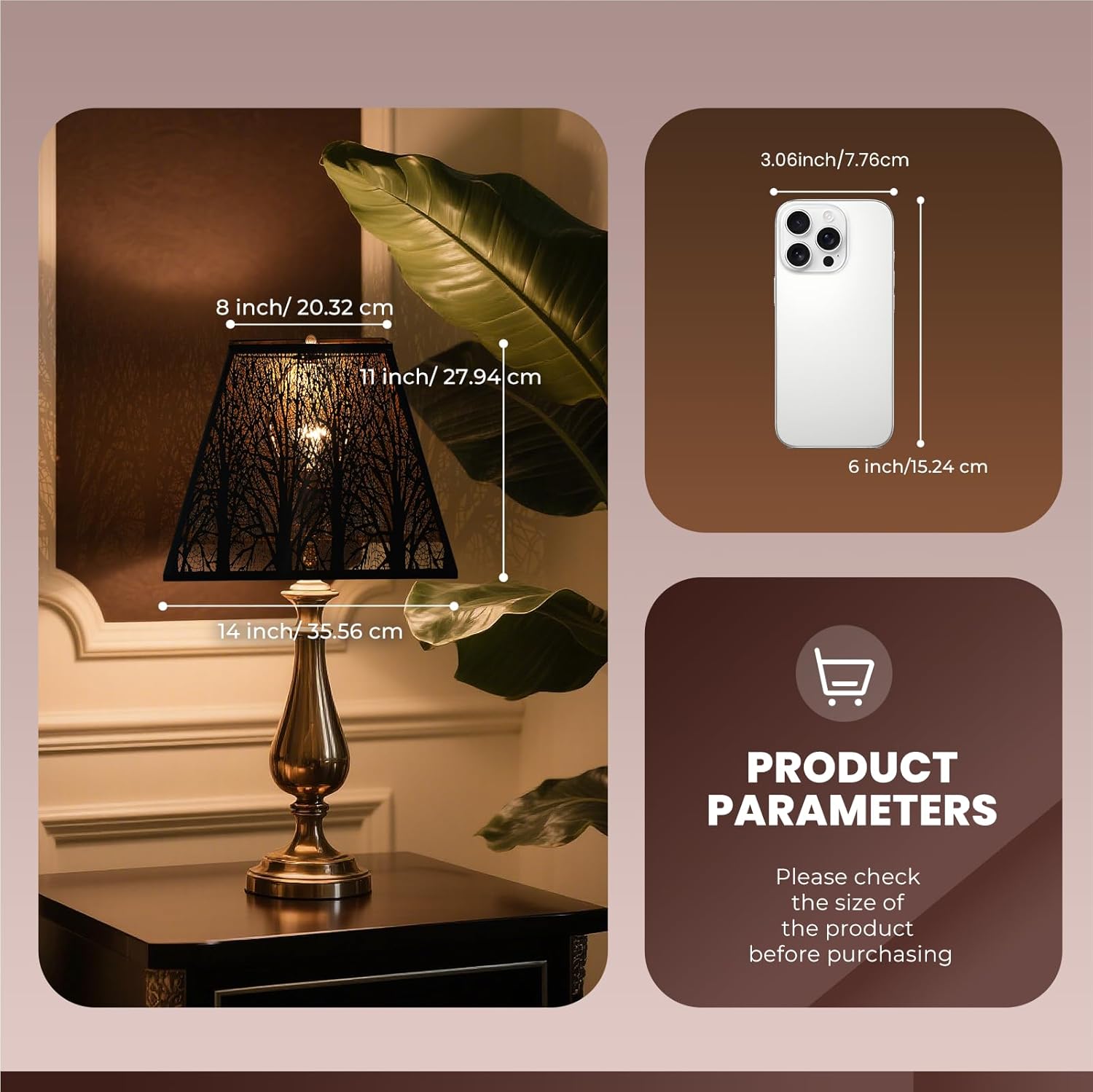 Large Metal Lampshade New Pyramid Shape Design 8'' Top 14'' Bottom 11'' Height ALUCSET Square Bell Shade Lamp Shade Forest Design Black and Gold fits for Table Lamps and Floor Lamps - Image 4