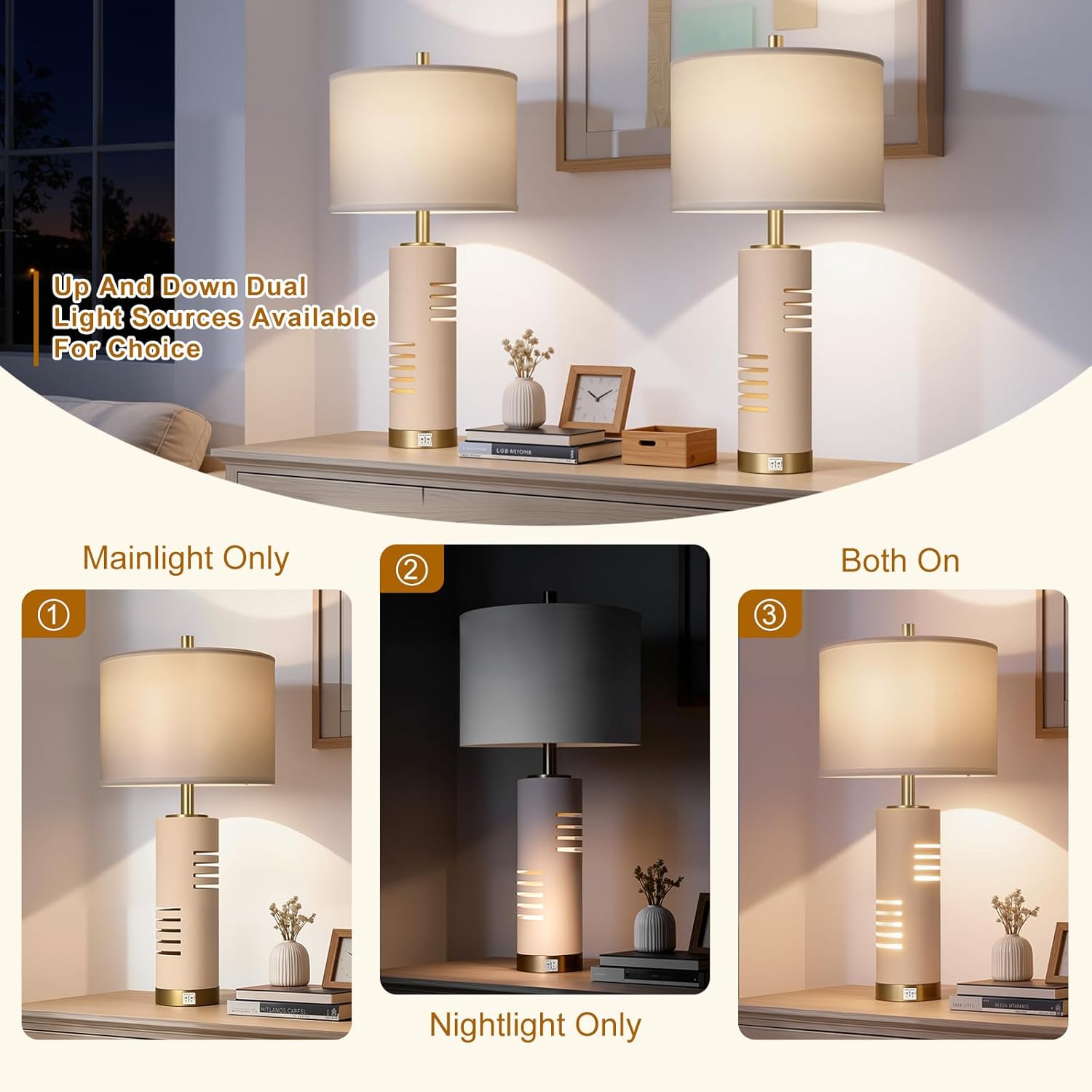 27.5" Faux Stone Table Lamps Set of 2 with Night Light, Farmhouse Lamps for Living Room with USB A+C Ports, Bedside Table Lamps with Linen Shade for Bedroom Nightstand Office (Bulb Included) - Image 3