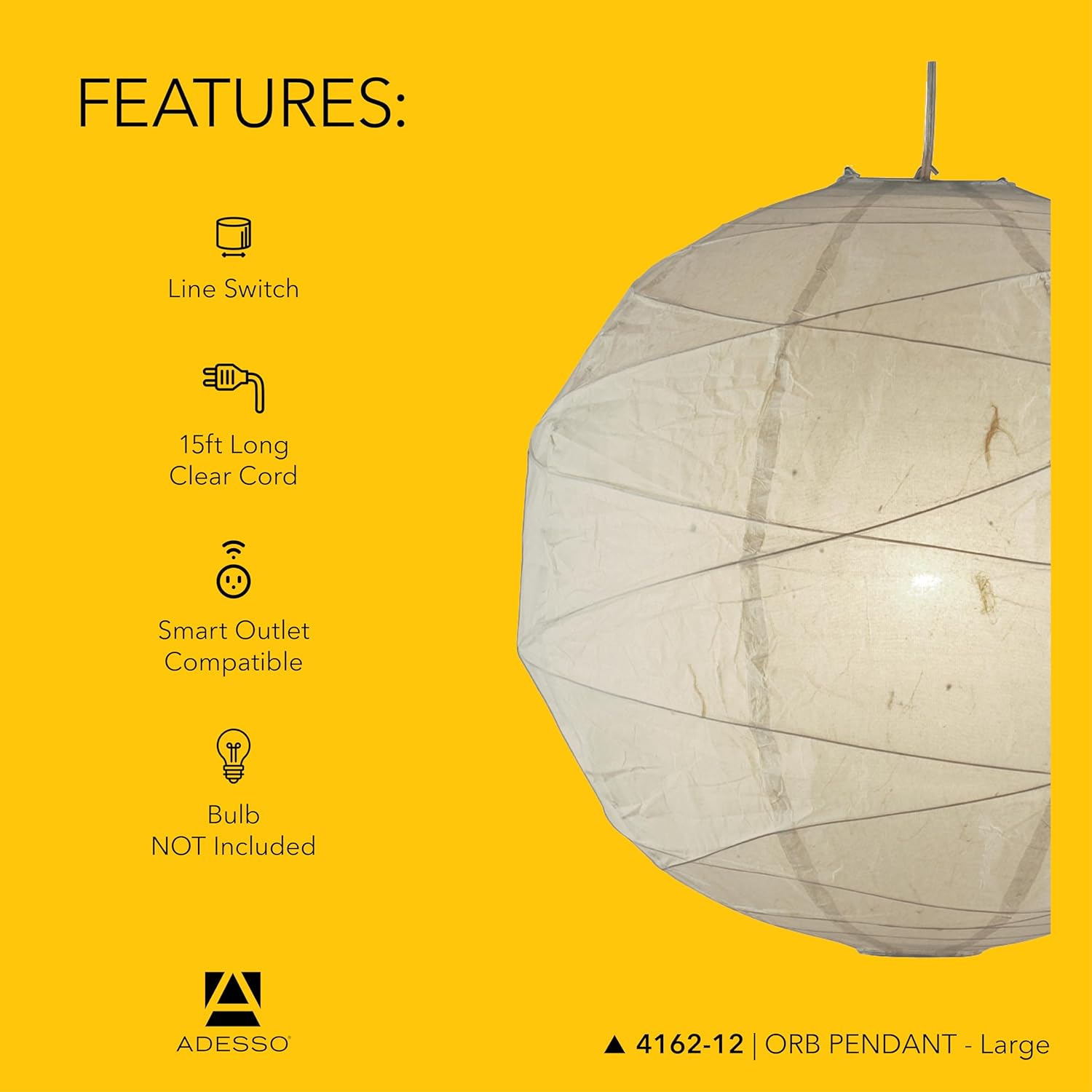 Adesso Orb Large Pendant with Collapsible Rice Paper Shade – 15ft Cord, 24” Diameter – Stylish Ceiling Lighting - Image 5