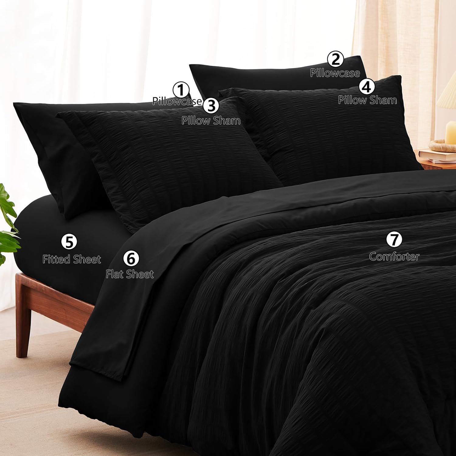 CozyLux Queen Comforter Set Black Seersucker 7 Pieces Bed in a Bag Queen Comforter Set with Sheets, Luxury Soft Bedding Set with Down Alternative Comforter, Sheets, Pillowcases & Shams for All Seasons - Image 8
