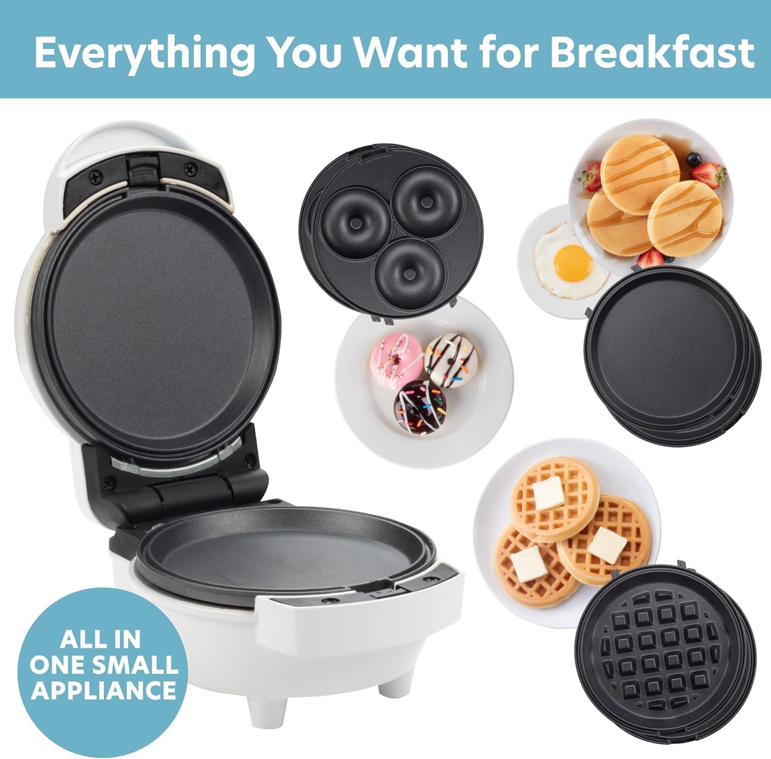 3 in 1 Mini Breakfast Maker- Make Mini Waffles Donuts Pancakes or Eggs all in 1 Multi Use Appliance- Easily Swap & Clean Interchangeable Griddle Plates- Small Electric Nonstick Holiday Baker Xmas Gift - Image 3