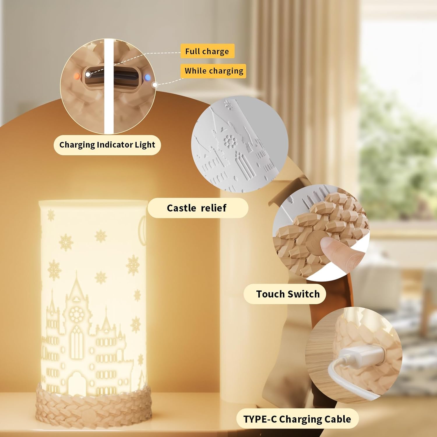 Touch Control Bedside Table Lamp for Christmas, 3 Color Temperatures Desk Lamp for Bedroom Nightstand, Rotatable Lampshade Rechargeable Ambience Lamp with USB C Charging - Image 4