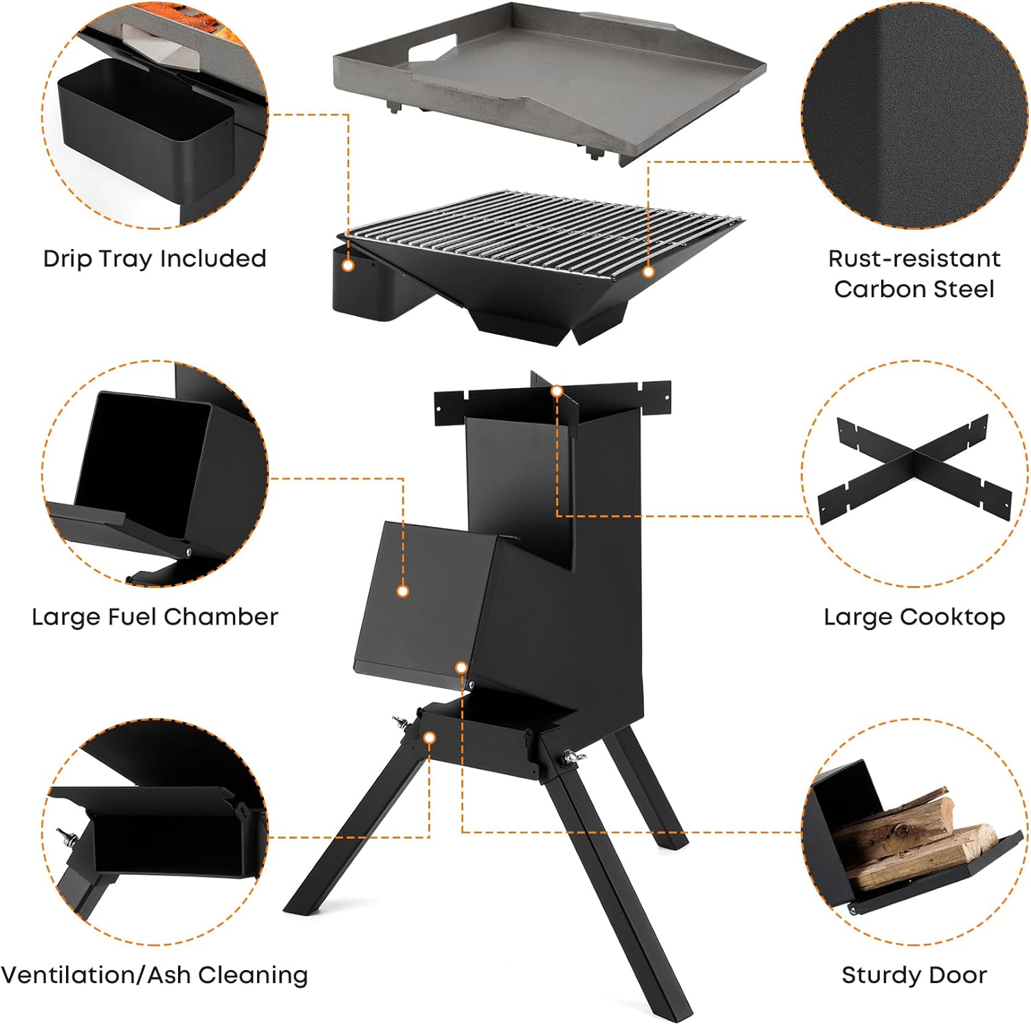 Stanbroil 3 in 1 Rocket Stoves with Grill Rack, Griddle and Pot Cooking Stand, Heavy Duty Wood Burning Stoves for Cooking, Camping wood Stove Kit for Off-Grid Supply, Outdoor Grilling Event - Image 4