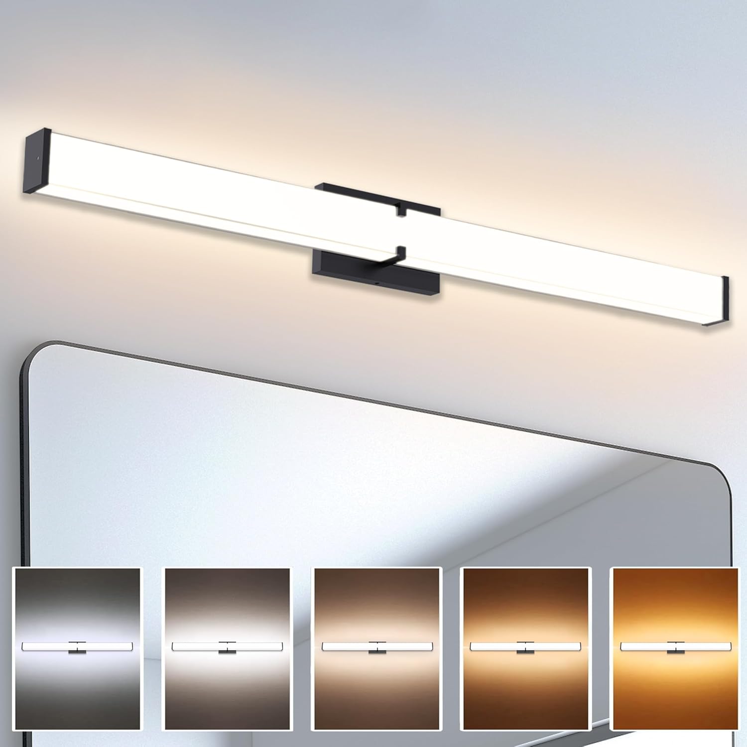 31.5Inch 3200LM Bathroom Light Fixtures 5CCT Optional, Black Modern LED Vanity Light Clear Shade, Dimmable Bathroom Lighting Fixtures Over Mirror – ETL Listed