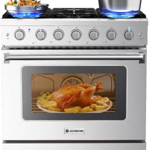 AAOBOSI 36 Inch Front Control Gas Range Oven with 6 Cooktop Burners, 6 Cu. Ft True Convection and Self Clean, Freestanding Stainless Steel Heavy Duty Gas Range Stove with Halogen Light,Large Capacity