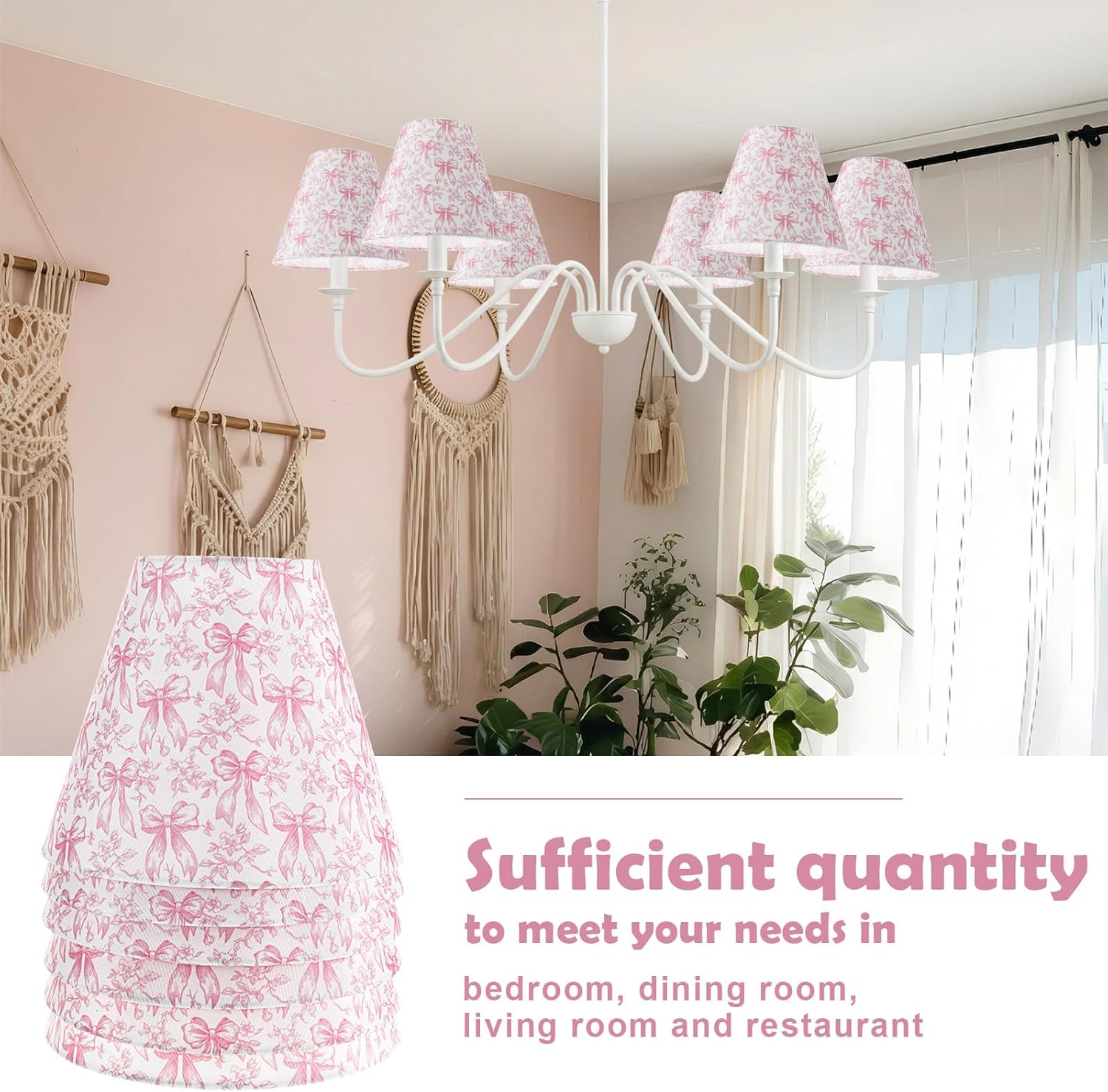 VIHOSE 6 Pcs Small Lampshade 3" Top x 6" Bottom x 5" High Vintage Pink Toile Coquette Chandelier Pink Bow Chinoiserie Lamp Shade Clip Bulbs Chimney Cover for Table Floor Lamps - Image 6