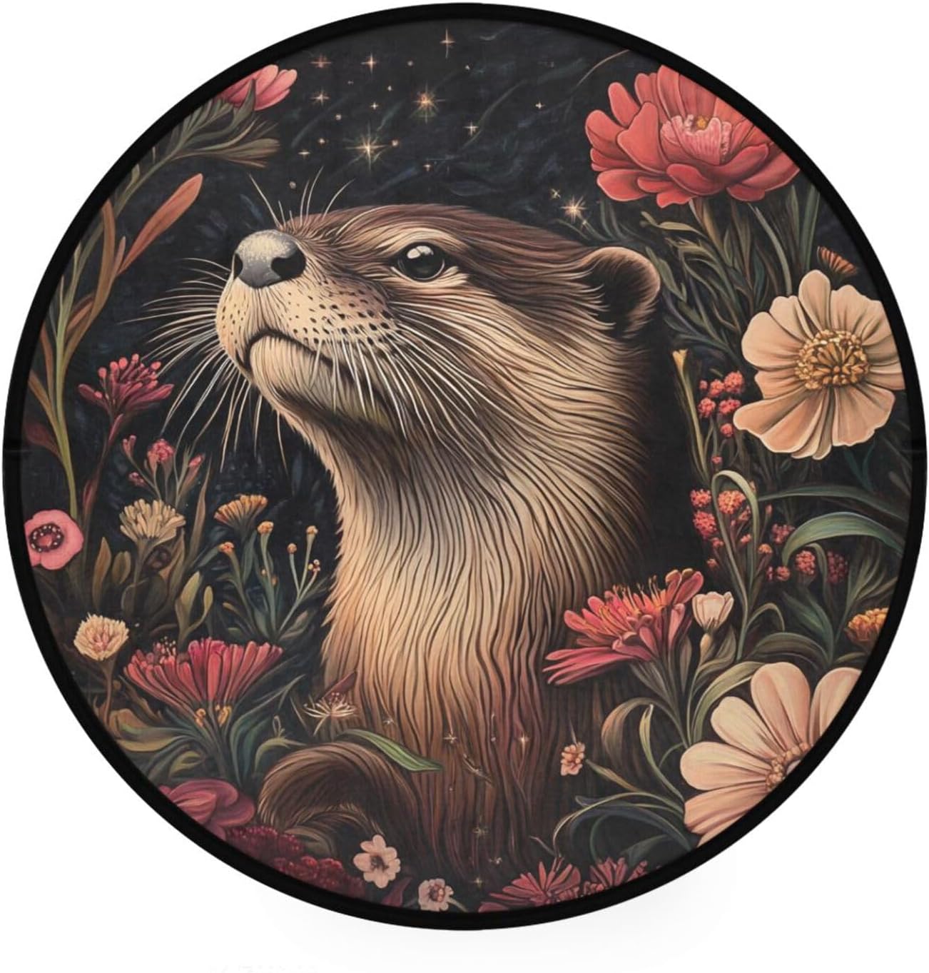 ALAZA Otters Flowers at Night Round Floor Mat Non-Slip Absorbent Floor Mat for Living Room Bedroom Study Room,36.2 inch Diameter
