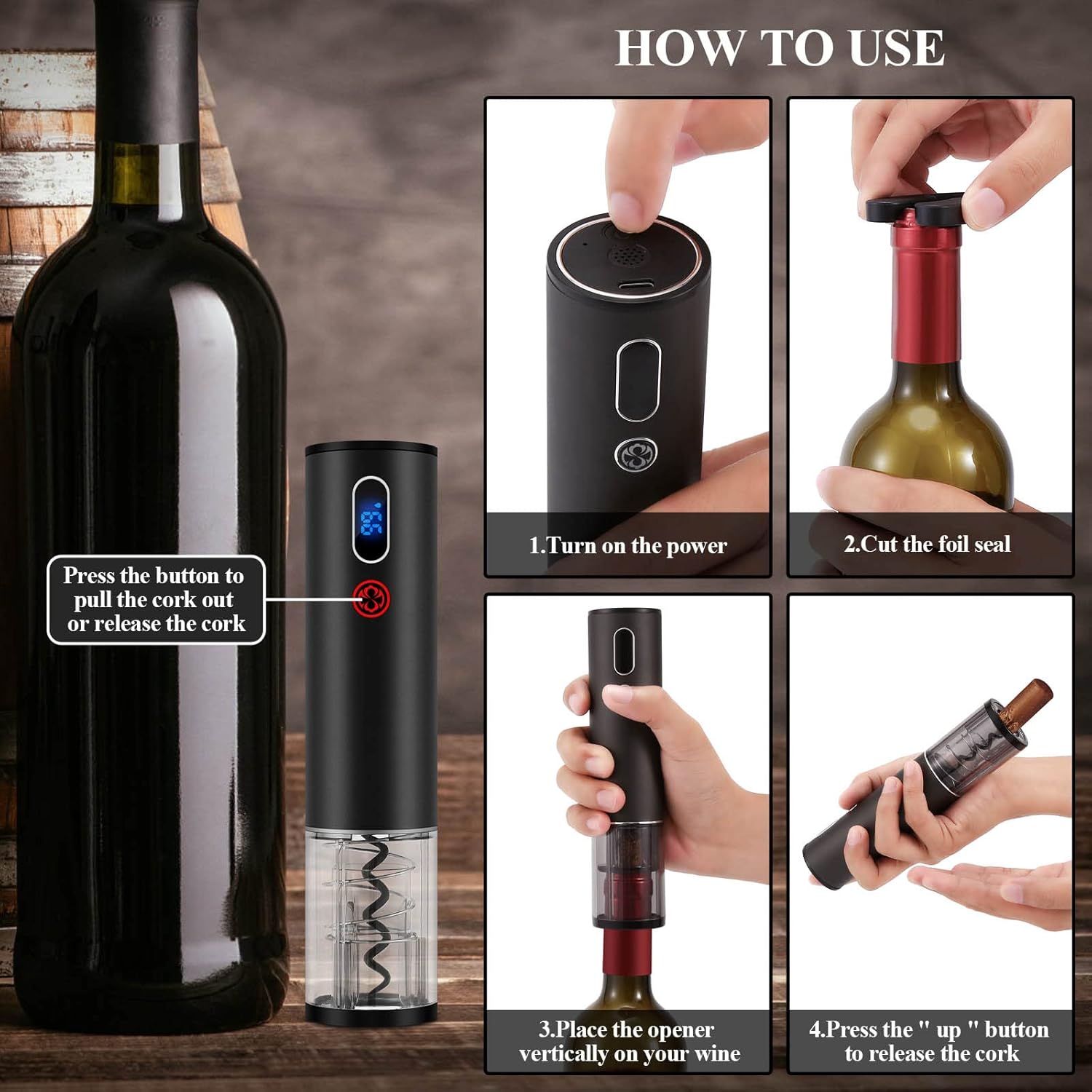 Wine Opener Christmas Day Gift Set with Electric Wine Bottle Opener, Wine Decanter&Wine Aerator and Pourer, wine stopper, Foil Cutter and EVA Storage Bag, Rechargeable and Automatic(Black) - Image 3