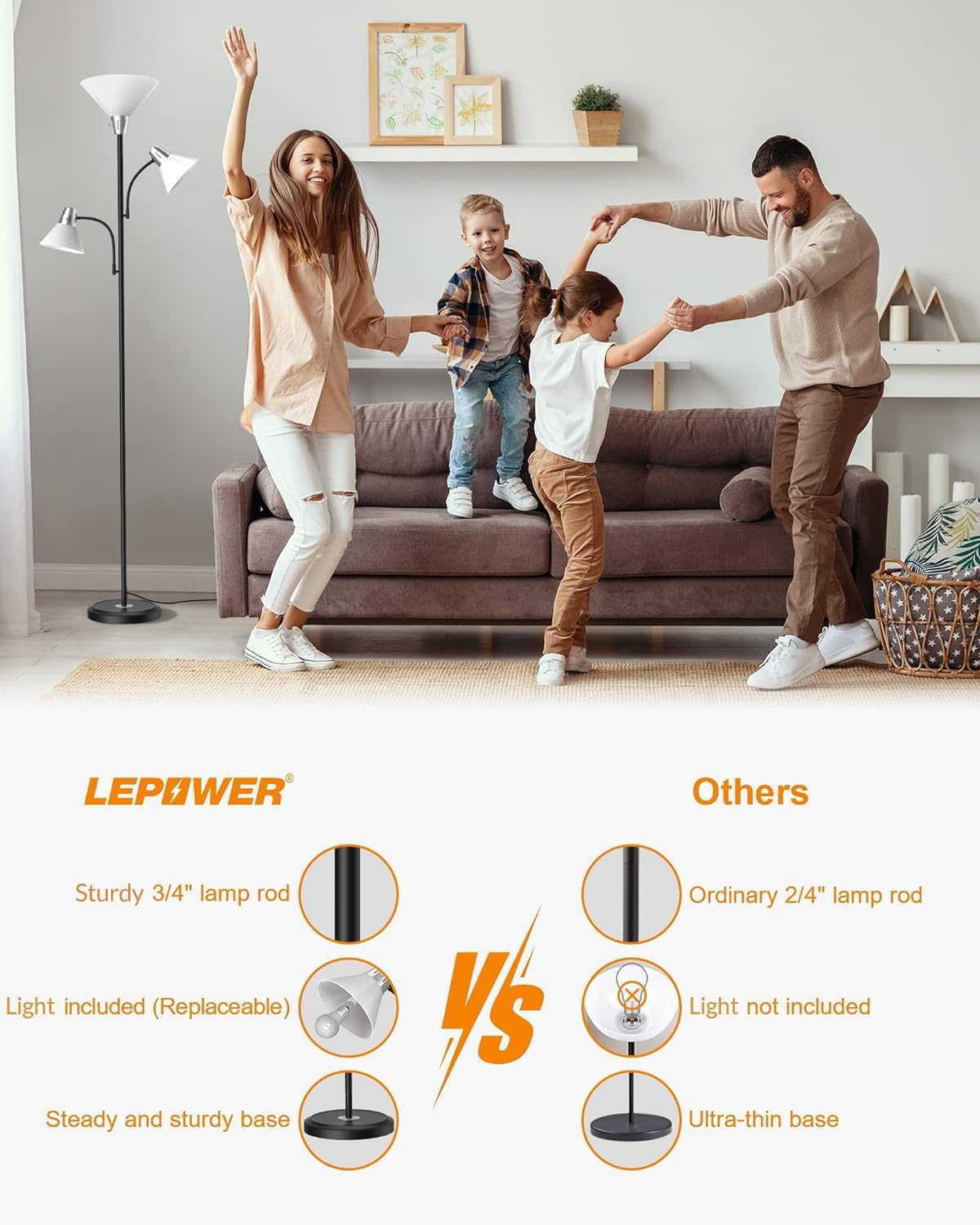 LEPOWER Floor Lamp, Standing Lamp with Replaceable 3000K Energy-Saving, Lamp for Living Room with Adjustable Reading Lights, Modern Bright Floor Lamp for Bedroom, Living Room, Office - Image 2