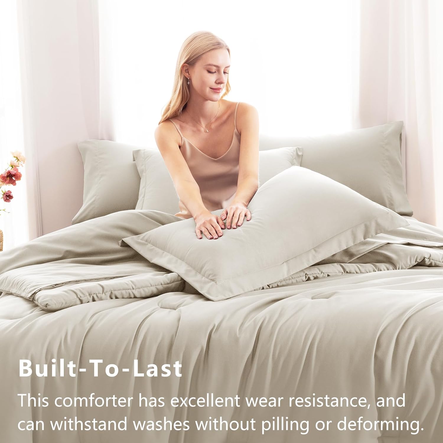 CozyLux Queen Comforter Set Beige, 7 Pieces Bed in a Bag Soft Bedding Comforter Set with Sheets, All Season Boho 7PC Bed Sets with Comforter, Fitted Sheets, Flat Sheets, Pillow Shams and Pillowcases - Image 3