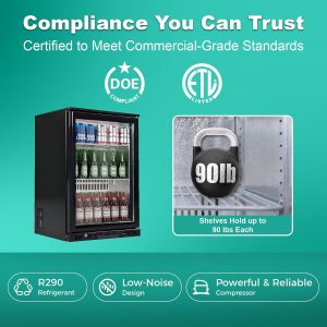 Commercial Beverage Cooler, 4.3 Cu.Ft Glass Door Back Bar Refrigerator, Black Steel, 150-Can Capacity, LED Lighting, R290 Refrigerant, 36-40°F Temperature Range