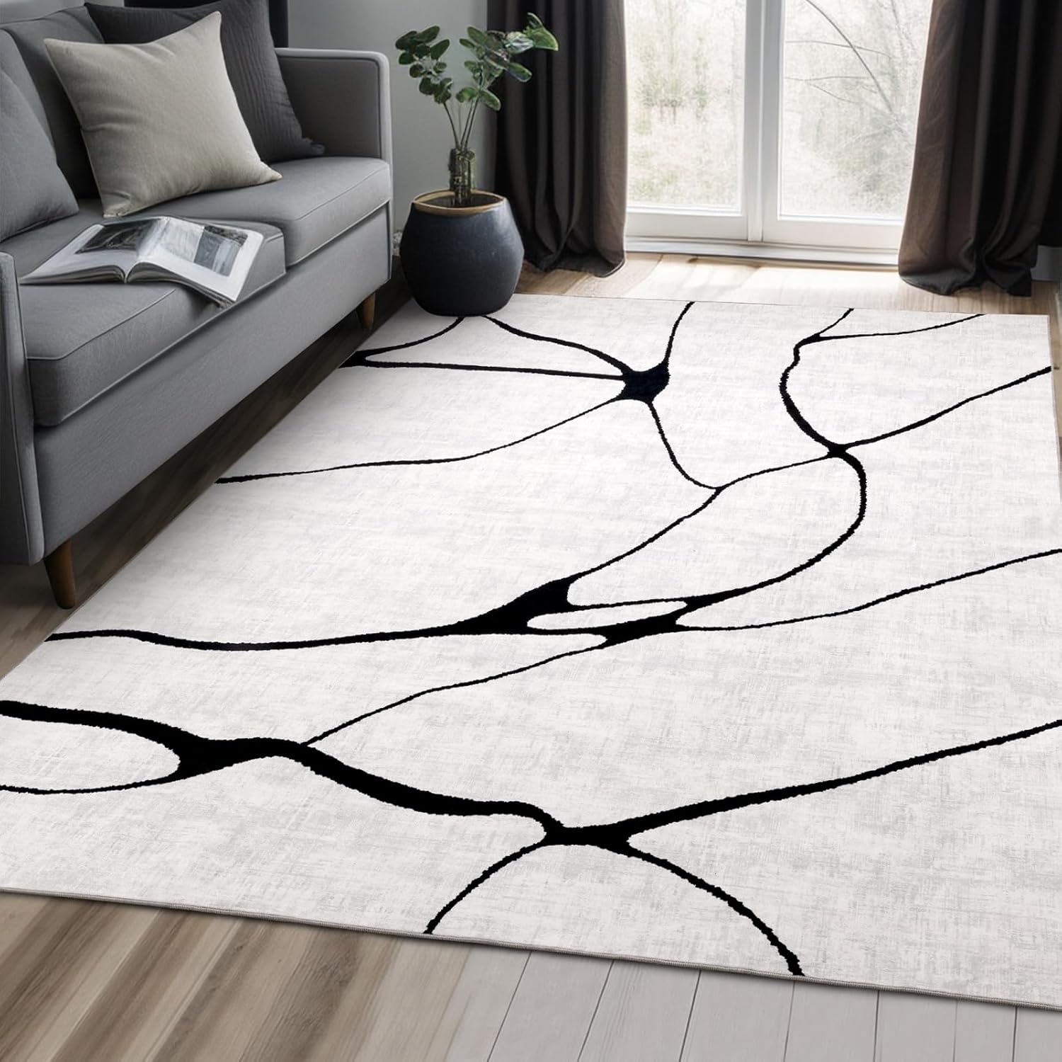 YIHOUSE Abstract 6'x9' Black and White Rug- Washable Area Rug for Living Room Bedroom, Large Modern Non-Slip Ultra-Thin Rug Home Decor,Warping,6x9ft - Image 3