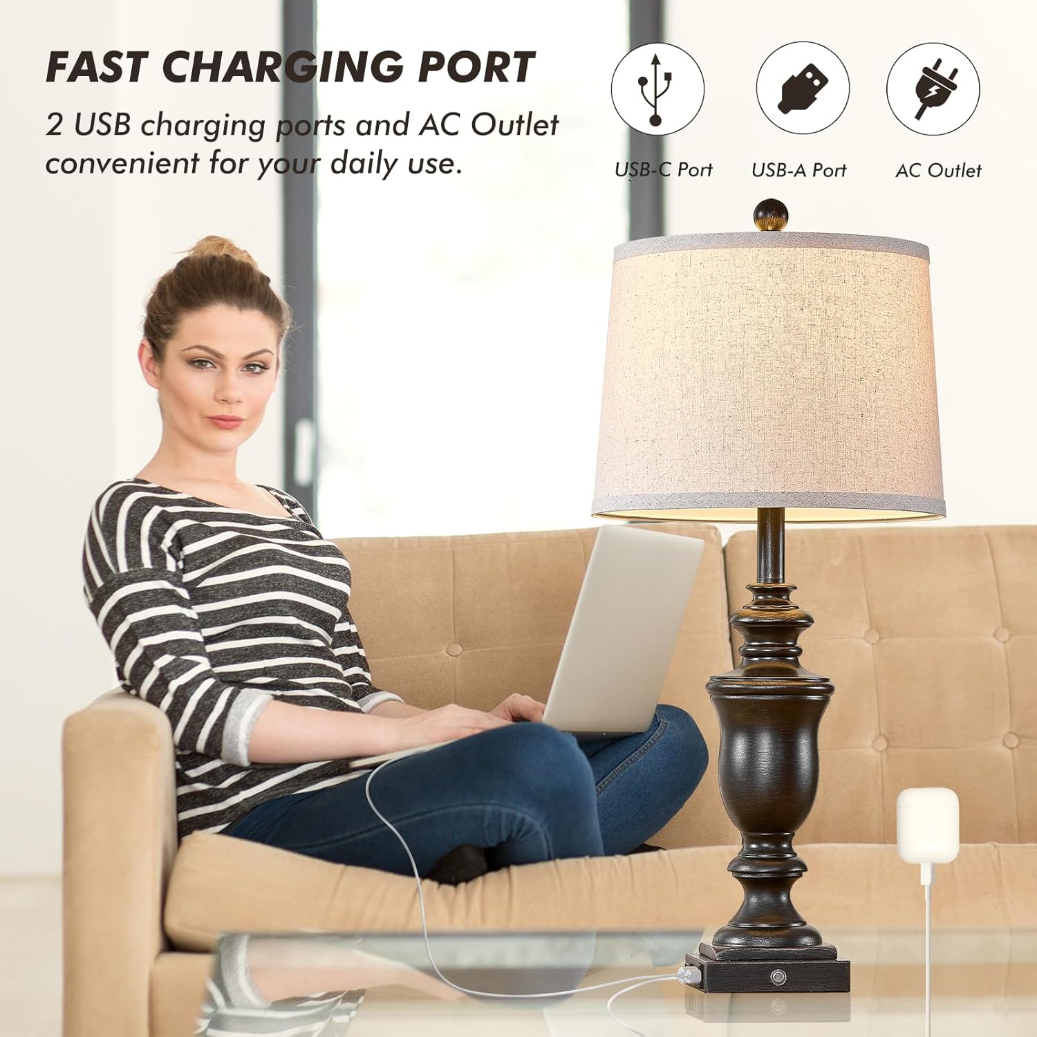 27.5" Set of 2 Farmhouse Table Lamps for Bedroom, 3 Way Dimmable Bedside Lamp with 2 USB +AC Outlet Nightstand Lamps for Living Room Resin Rustic Touch Lamps (Antique Black) - Image 7