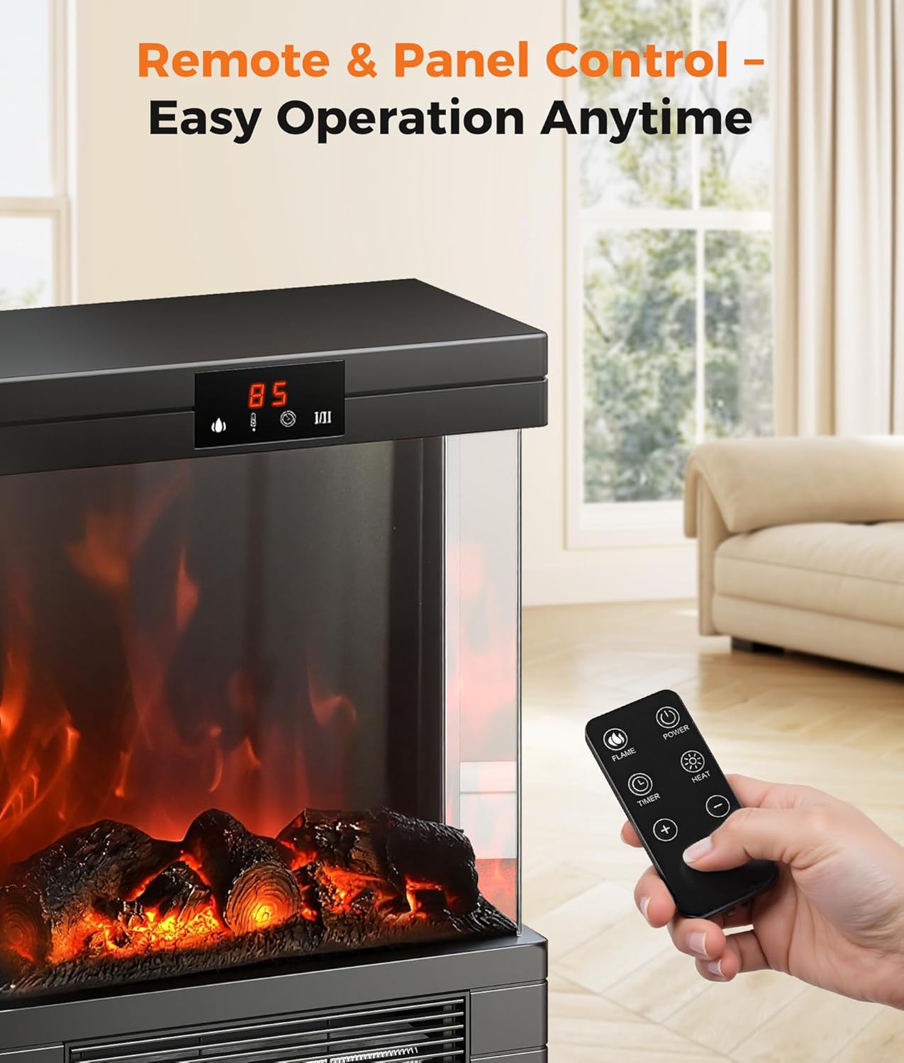 Electric Fireplace Stove Heater - Freestanding Fireplace Heater for Indoor Use with Realistic 3D Flame, Adjustable Thermostat & Remote, Quiet, Timer for Living Room and Bedroom - Image 6