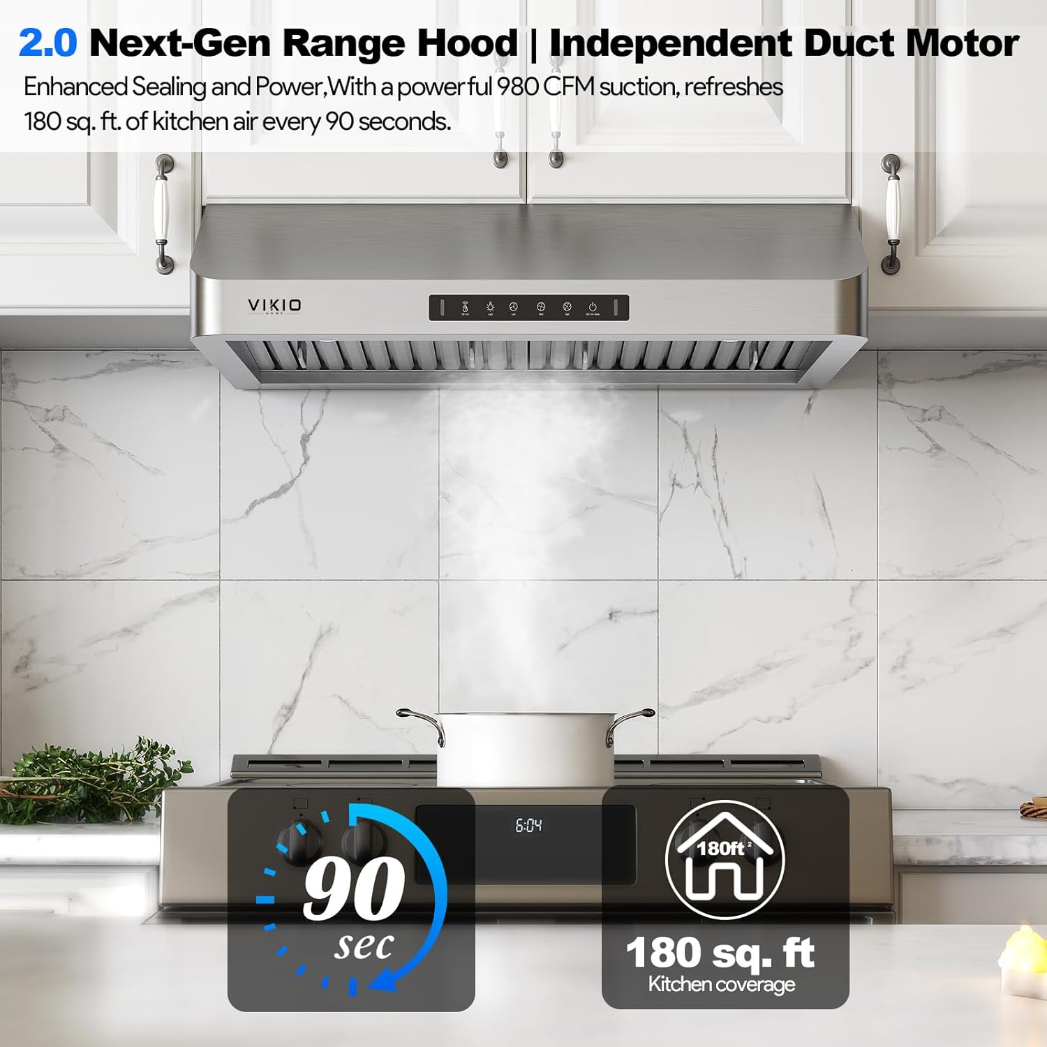 Range Hood 30 Inch Under Cabinet, Kitchen Hood with 980 CFM, 3-Speed Gesture Sensing & Touch Control Panel, Stainless Steel Vent 2 Pcs Baffle Filters with Handlebar - Image 2
