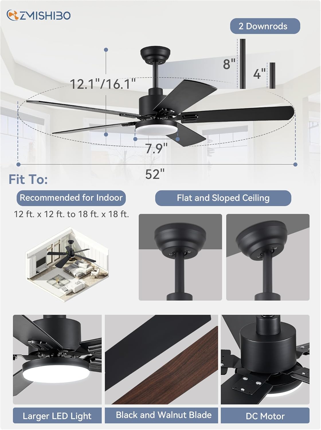 ZMISHIBO 2 Pack 52" Ceiling Fans with Lights, Black Modern Ceiling Fan with Remote, Farmhouse Indoor Ceiling Fan with Dual Finish Blades, Quiet & Strong Motor, Bright LED Light. - Image 6