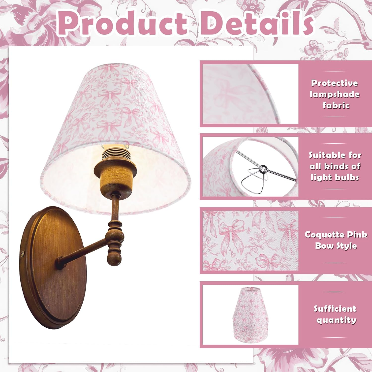 VIHOSE 6 Pcs Small Lampshade 3" Top x 6" Bottom x 5" High Vintage Pink Toile Coquette Chandelier Pink Bow Chinoiserie Lamp Shade Clip Bulbs Chimney Cover for Table Floor Lamps - Image 3