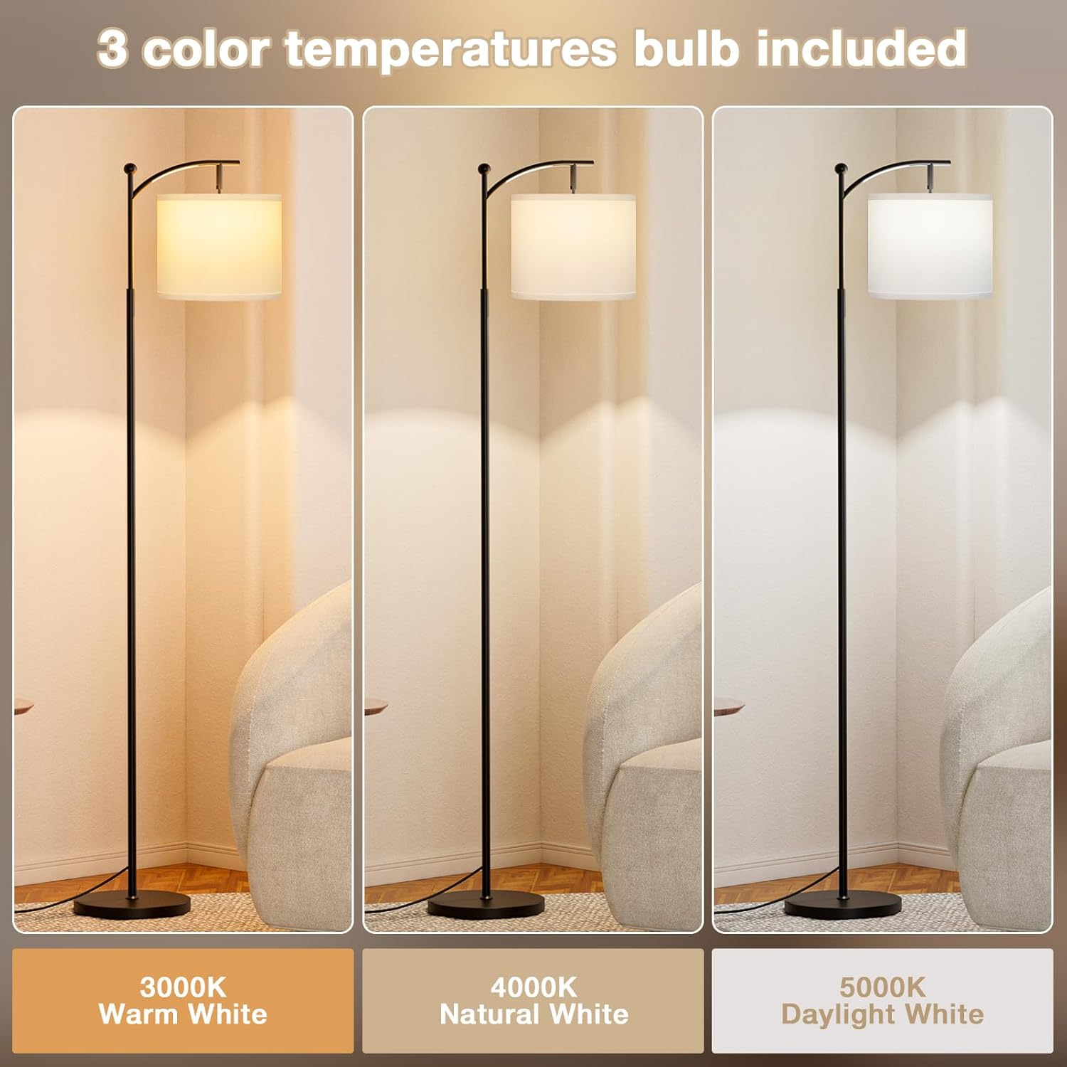 60" Floor Lamp With 3 Color Temperatures, Adjustable White Shade, Black Pole - Tall Lamp for Living Room, Bedroom, Office, Classroom, Dorm - 9W Bulb Included - Image 3
