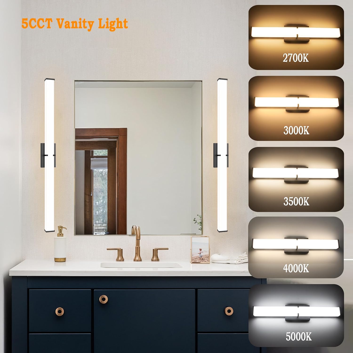31.5Inch 3200LM Bathroom Light Fixtures 5CCT Optional, Black Modern LED Vanity Light Clear Shade, Dimmable Bathroom Lighting Fixtures Over Mirror - ETL Listed - Image 3