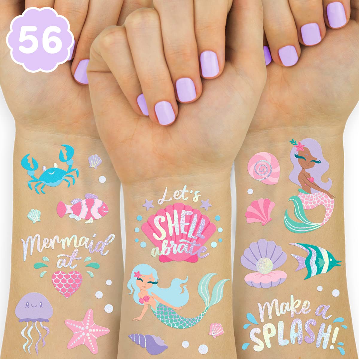 xo, Fetti Under The Sea Mermaid Temporary Tattoos - 56 Iridescent Foil Styles | Kids Birthday Party Supplies, Sea Creatures Favors, Ocean Animal, Underwater Arts and Crafts, Boys + Girls Activity