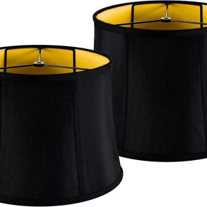 GOSO Black Lamp Shades Set of 2 Large Drum Lampshades -12x14x10 inch (Spider) Foldable Lamp Shade for Floor Lamps Table Lamp Natural Faux Silk Lampshade Replacement Rustic Shade-Easy Assembly